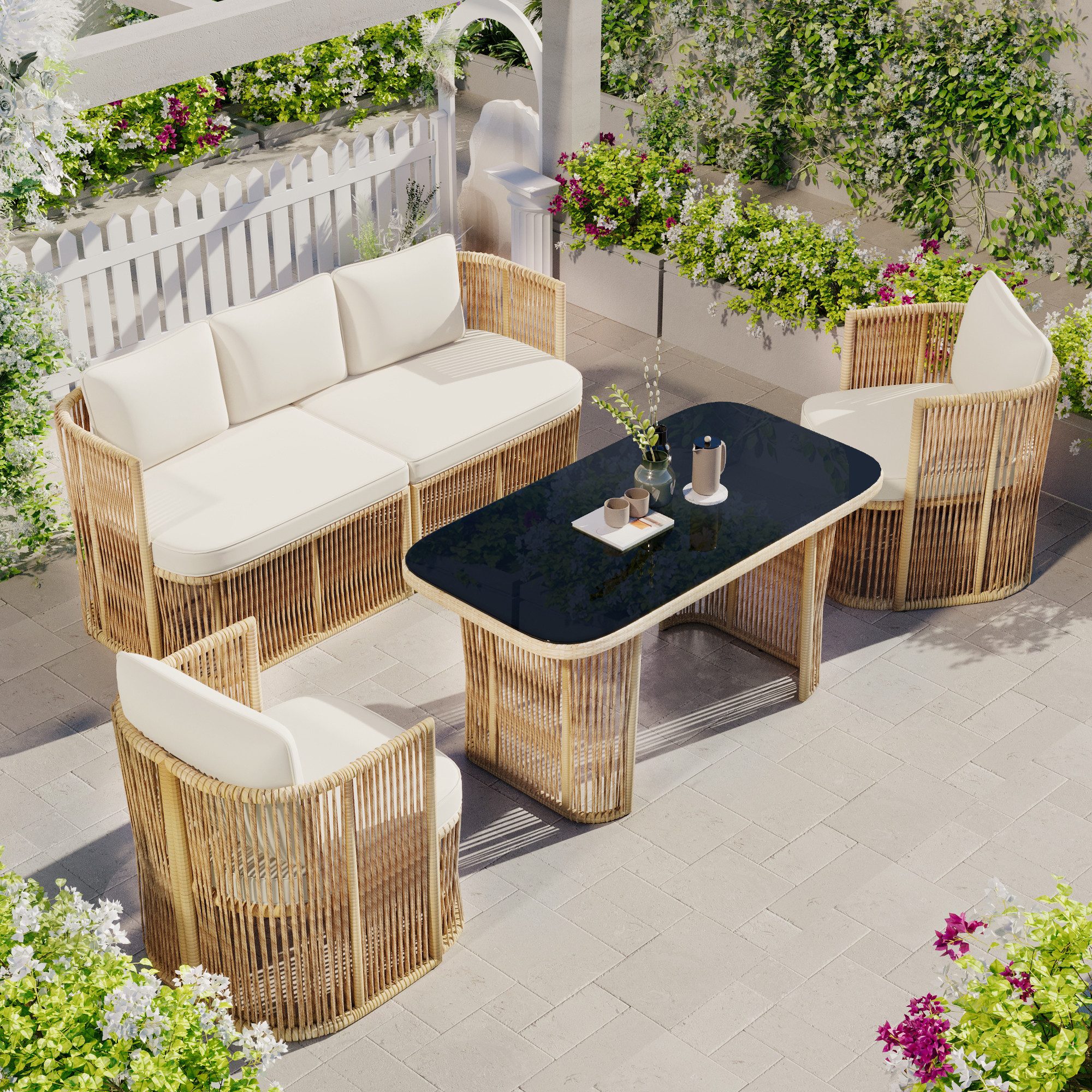 Odikalo Gartensofa Gartenlounge-Set Gartenstühle Gartenmöbel set mit Glastisch, 4-teiliges PE Rattan Gartenmöbel Set mit 3-Sitzer Sofa 2 Sesseln & Glastisch–Outdoor Lounge Set mit Polyester Kissen Stahlrahmen & gehärteter Glasplatte für Terrasse & Balkon