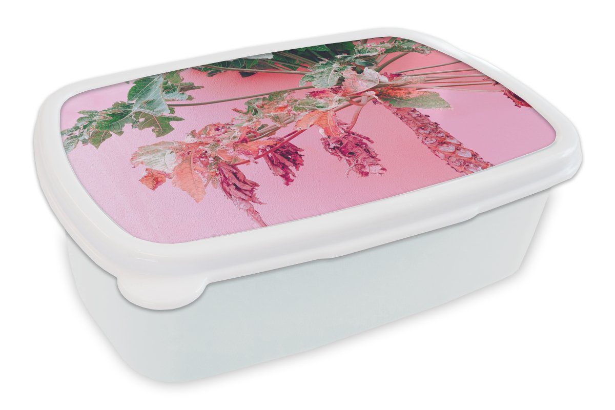 MuchoWow Lunchbox Palme - Tropisch - Rosa - Sommer, Kunststoff, (2-tlg), Brotbox für Kinder und Erwachsene, Brotdose, für Jungs und Mädchen weiß