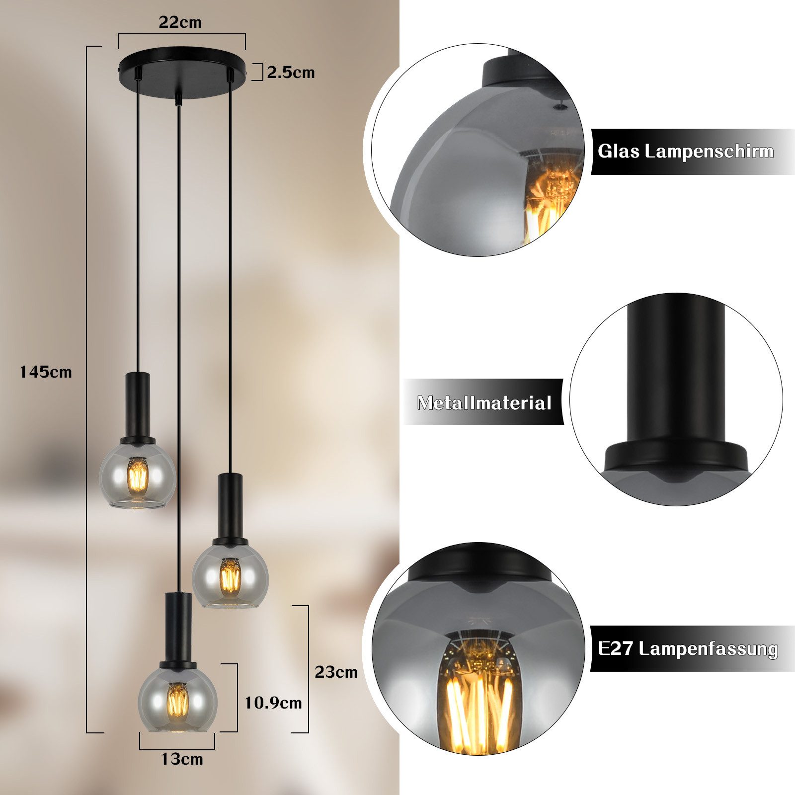 Nettlife Pendelleuchte Vintage Esstisch Glas Schwarz Industrial E27 Wohnzimmer, Höhenverstellbar, LED wechselbar, Esstischlampe für Wohnzimmer Küche