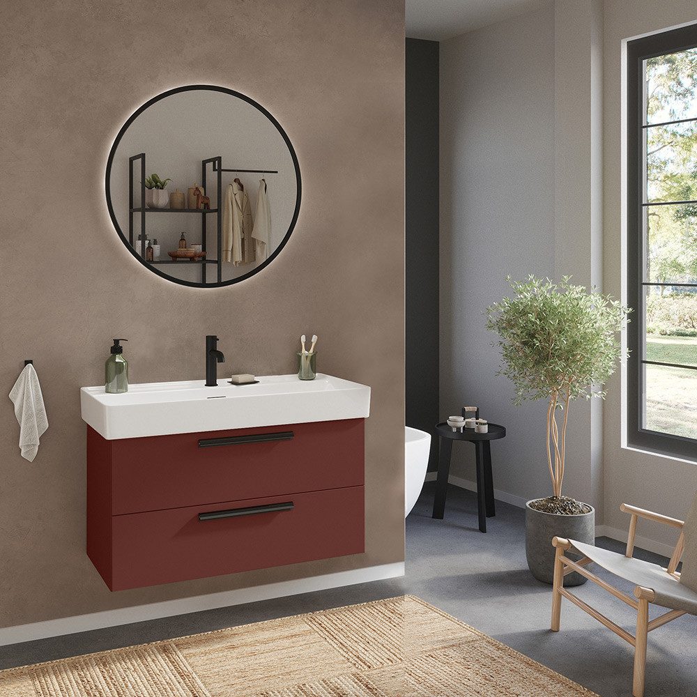 Lomadox Badmöbel-Set ATELLA-03, (Spar-Set, 2-St., Waschtisch Spiegel), in rot, mit 100 cm Keramik-Waschbecken, LED-Spiegel mit Touchschalter