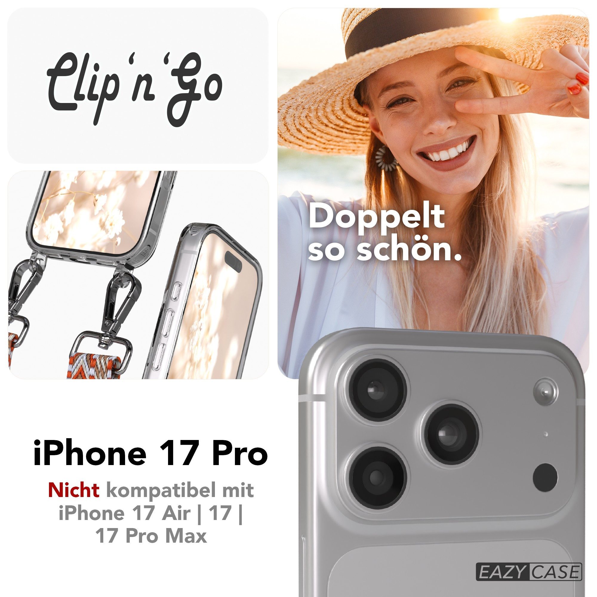 EAZY CASE Handykette Umhängeband MagSafe Hülle für Apple iPhone 17 Pro 6,3 Zoll, Backcover Handyhülle zum Umhängen Ersatzkordel Handy Tasche Orange