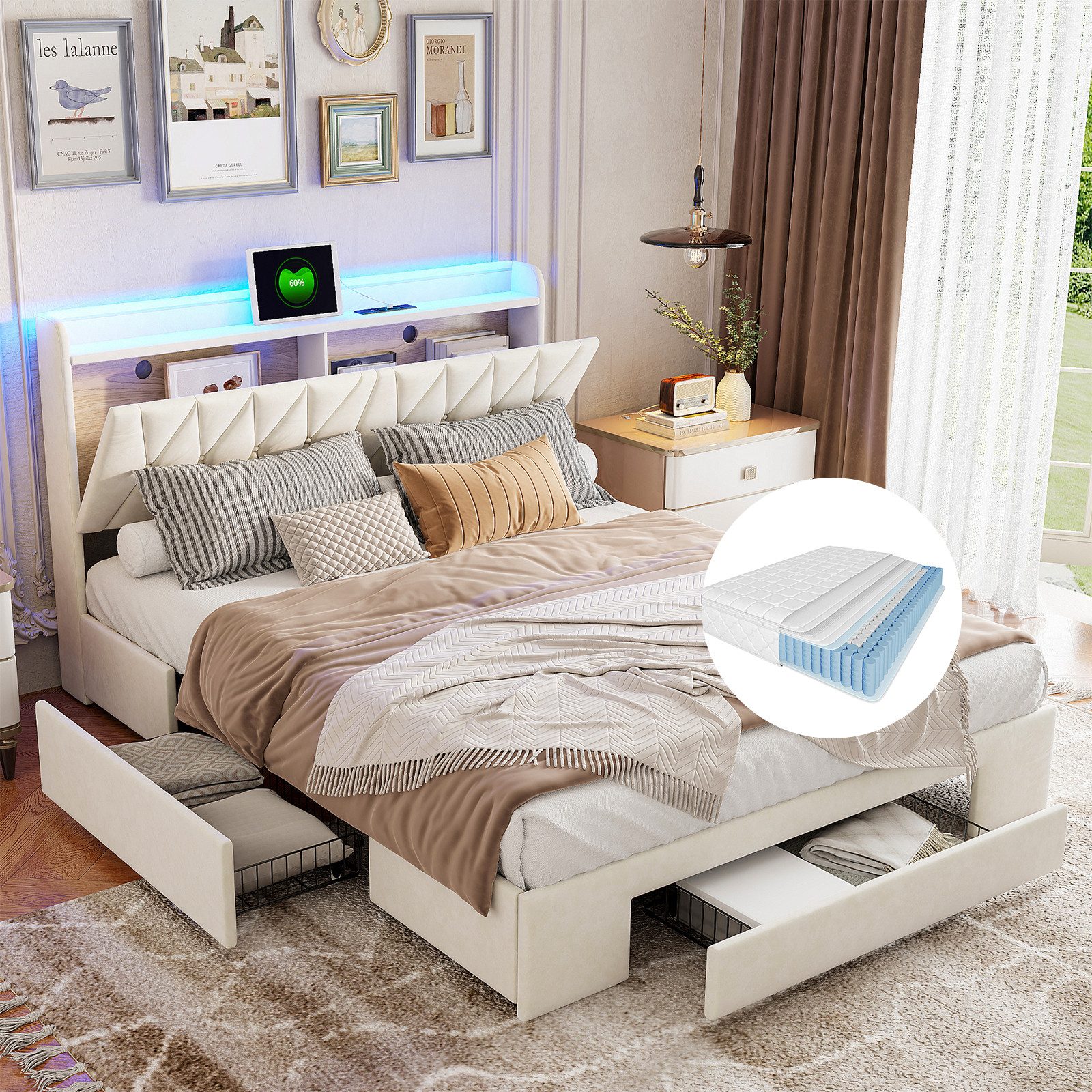 ADWOLT Polsterbett Doppelbett Stauraumbett mit Schubladen und Ladefunktion (Set, 1-tlg., 140x200cm Stauraumbett), mit USB/Type-C Anschlüssen und 3 Schubladen, mit Matratze