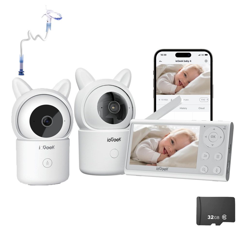 Video-Babyphone Babyphone mit 2 Kameras 4.3 Zoll, 1080P Video Babyphone mit Halterung