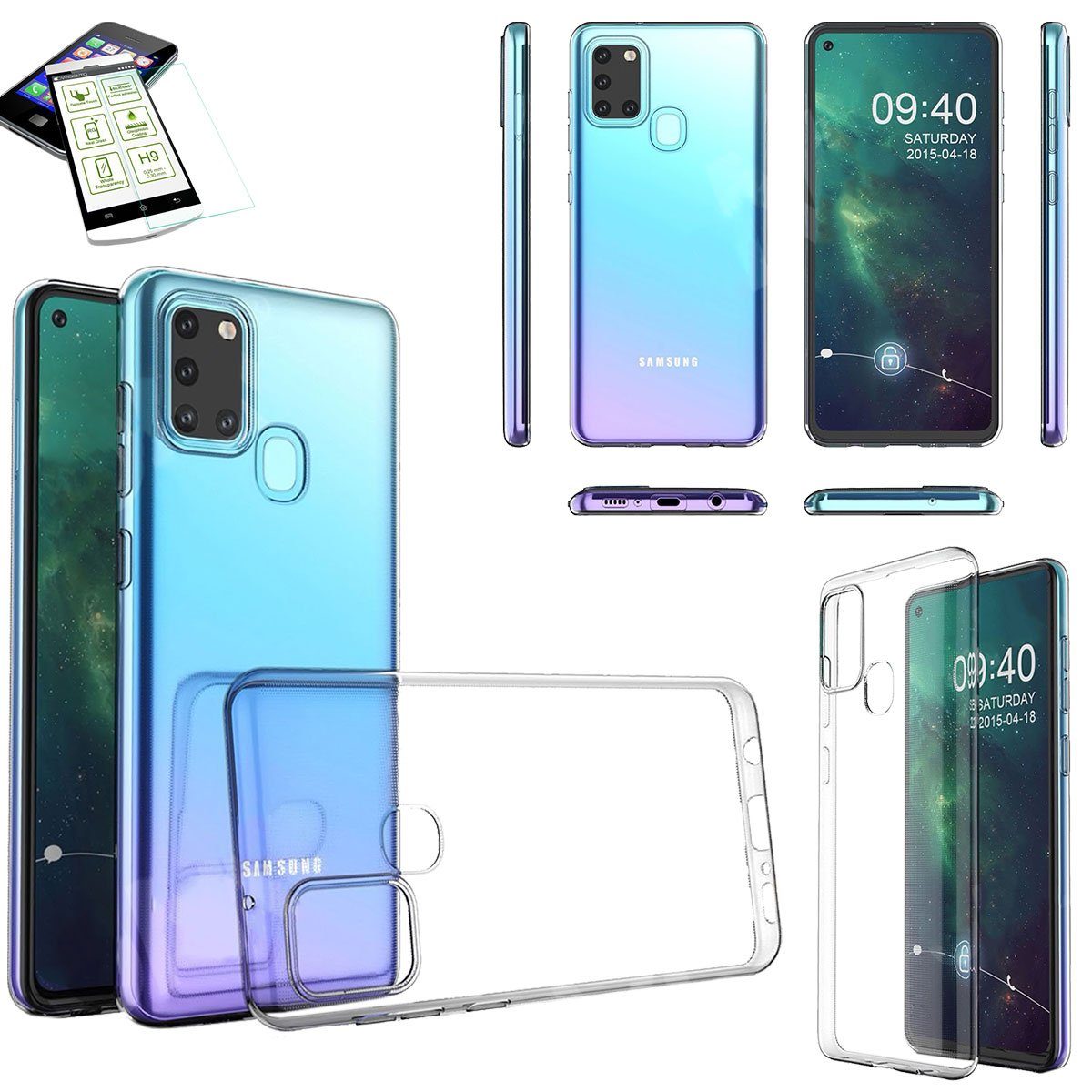 Wigento Handyhülle Für Samsung Galaxy A21s A217F Silikoncase TPU Transparent + 0,26 H9 Glas Tasche Hülle Schutz Cover