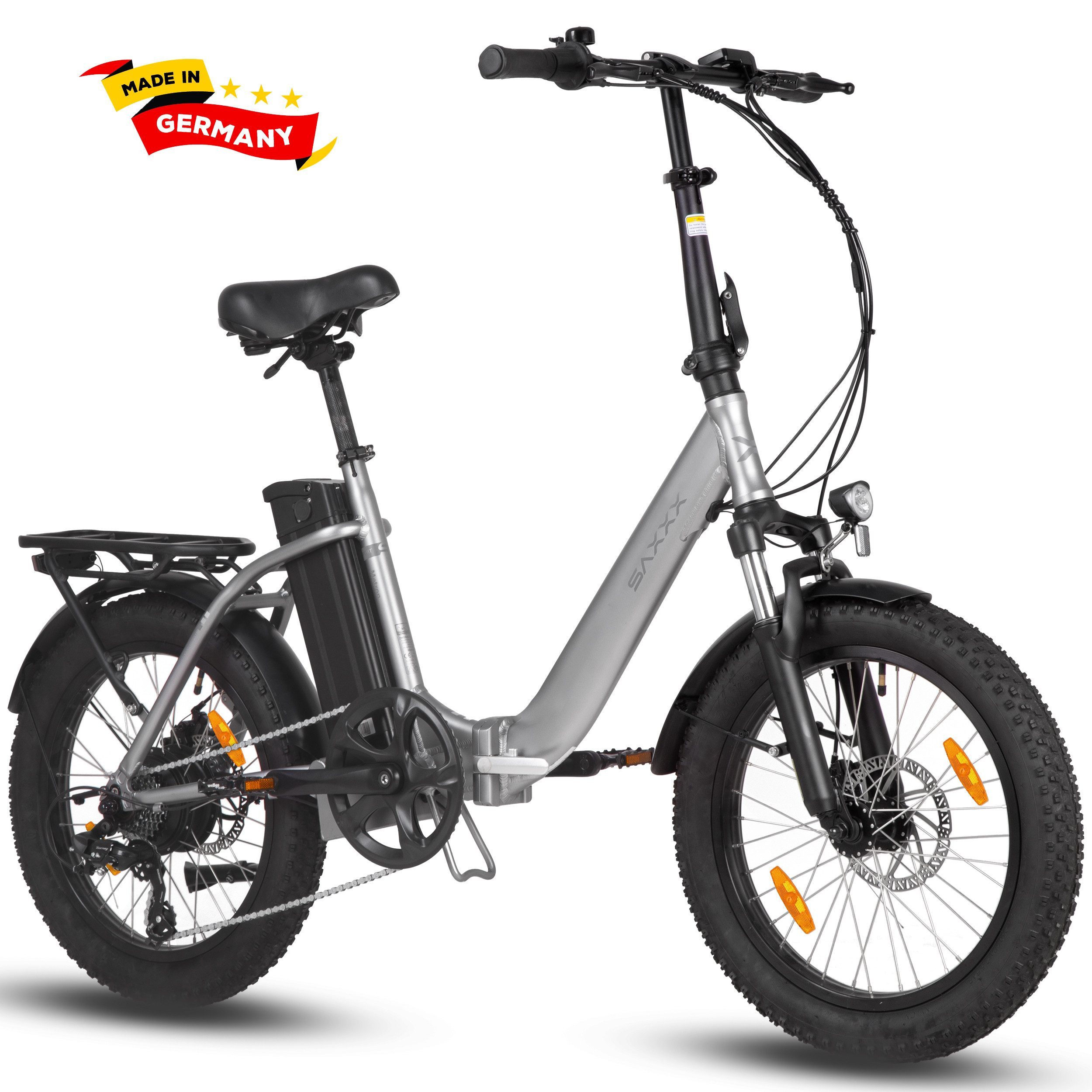 SAXXX E-Bike Klapprad 20x3'' für Damen und Herren, Elektrofahrrad, 468Wh, 100km, klappbar, 7 Gang SHIMANO, Kettenschaltung, Heckmotor, 468 Wh, (mit Gepäckträger, 95 % ormontiert, mit entnehmbarem Akku), RH: 33cm, E-Faltrad bis zu 130kg, Pedelec E-Citybike mit Tiefeinstieg