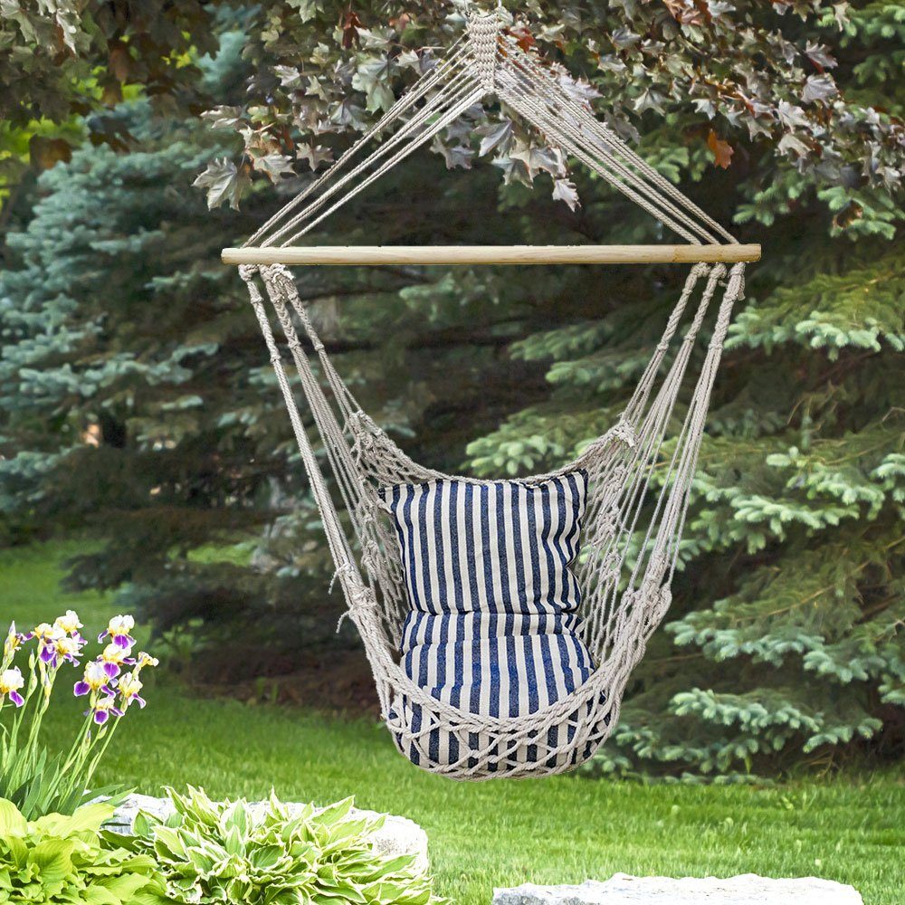 Harms Import Stuhl, Hängesitz Garten Hängesessel mit Sitzkissen Hängematte Baumwolle blau