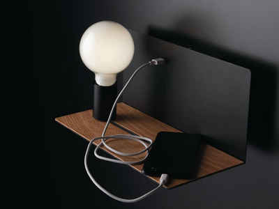ECO-LIGHT LED Wandleuchte, USB-Ladefunktion, LED wechselbar, warmweiß, innen mit Schalter ausgefallene Nachttischlampe Wand mit USB Ladestation & Ablage, schwarz