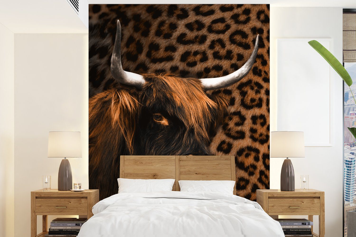 MuchoWow Fototapete Schottischer Highlander - Pantherdruck - Fell, Matt, bedruckt, (4 St), Montagefertig Vinyl Tapete für Wohnzimmer, Wandtapete