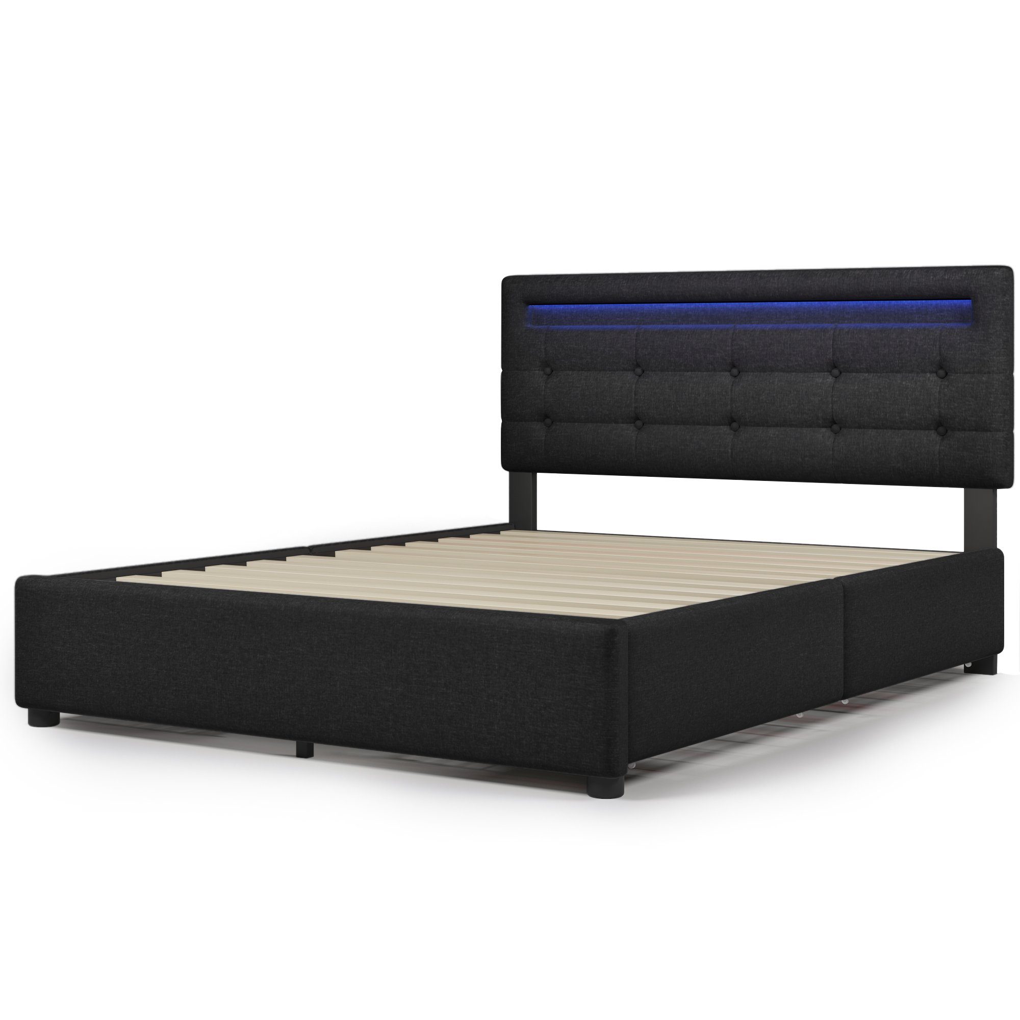 Polsterbett (mit LED-Beleuchtung, Fernbedienung und verstellbarem Kopfteil), Doppelbett mit Lattenrost, 4 Schubladen, Leinen, 140x200cm Bett