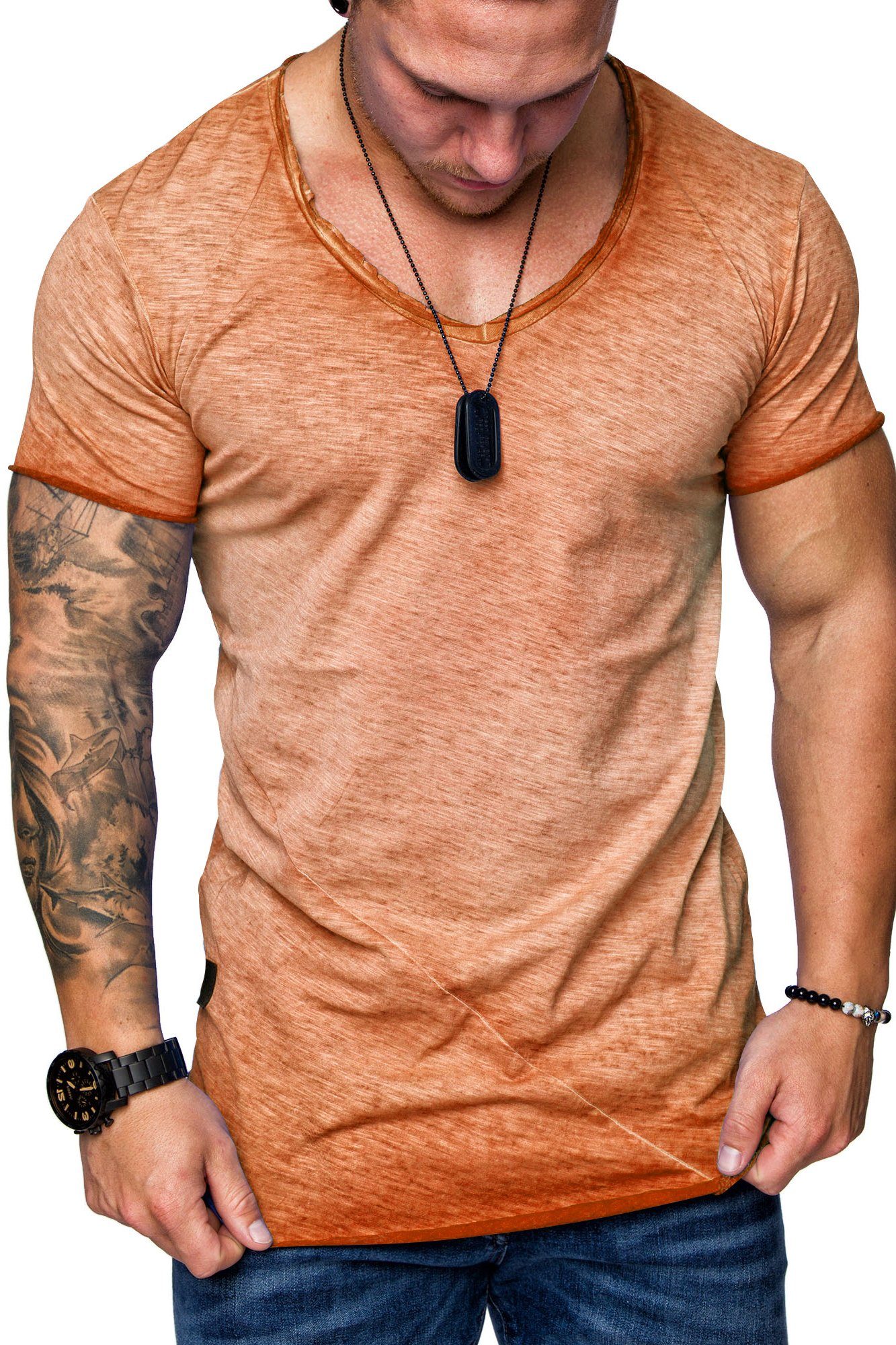 Verwaschen HARPER Shirt T-Shirt Orange V-Ausschnitt Herren REPUBLIX Oversize Vintage