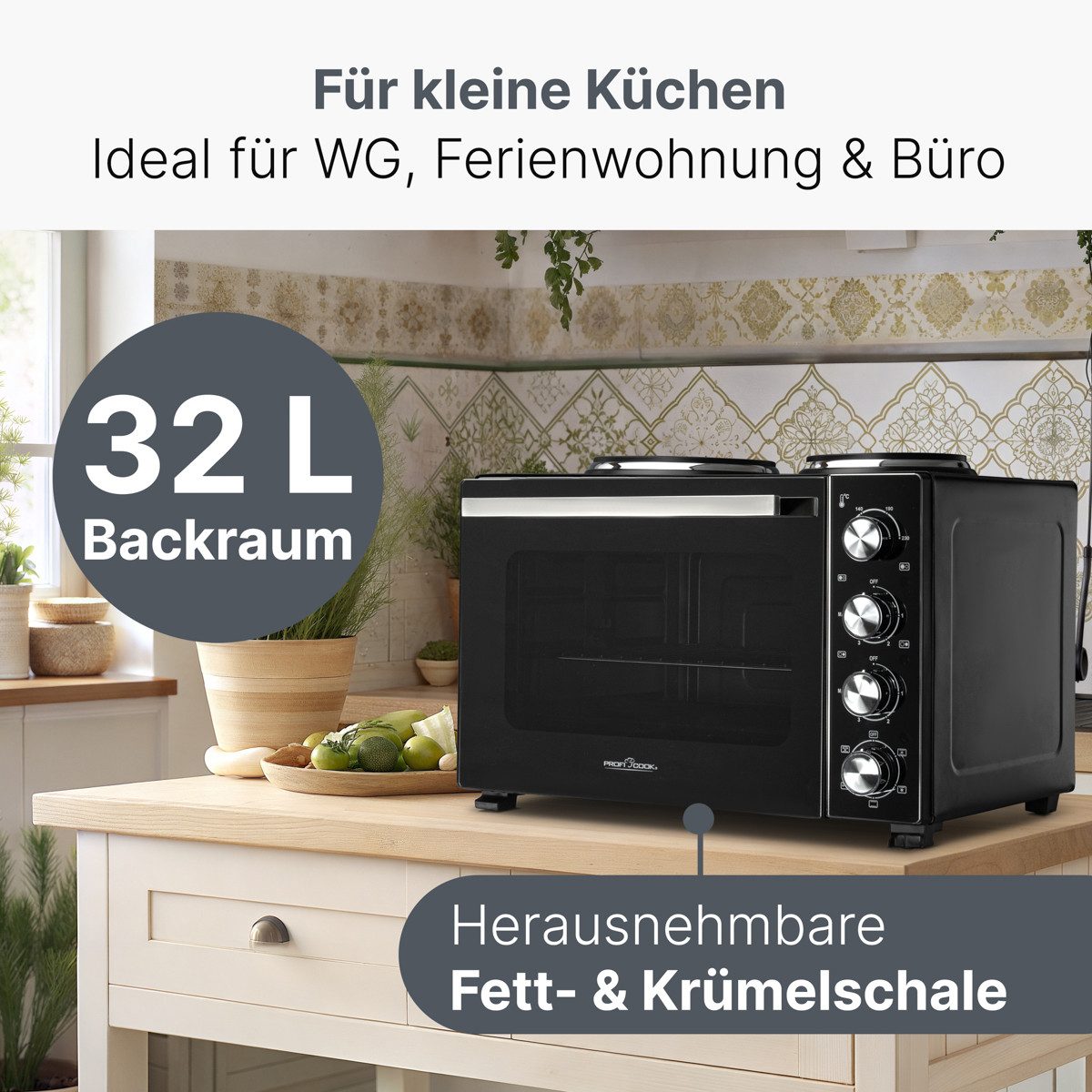 ProfiCook Minibackofen PC-KK 1302, Minibackofen mit Kochplatten, 32L, 3200 Watt