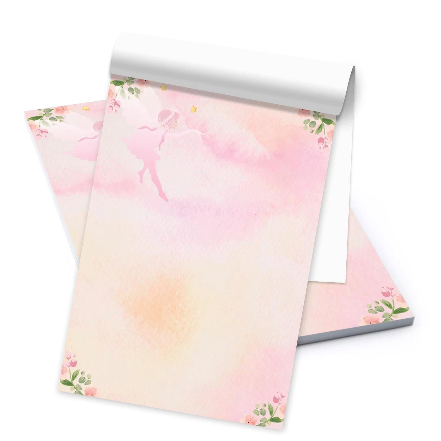 Logbuch-Verlag Dekofigur Notizblock DIN A5 mit 50 Blatt Briefpapier rosa grün mit Fee + Blumen