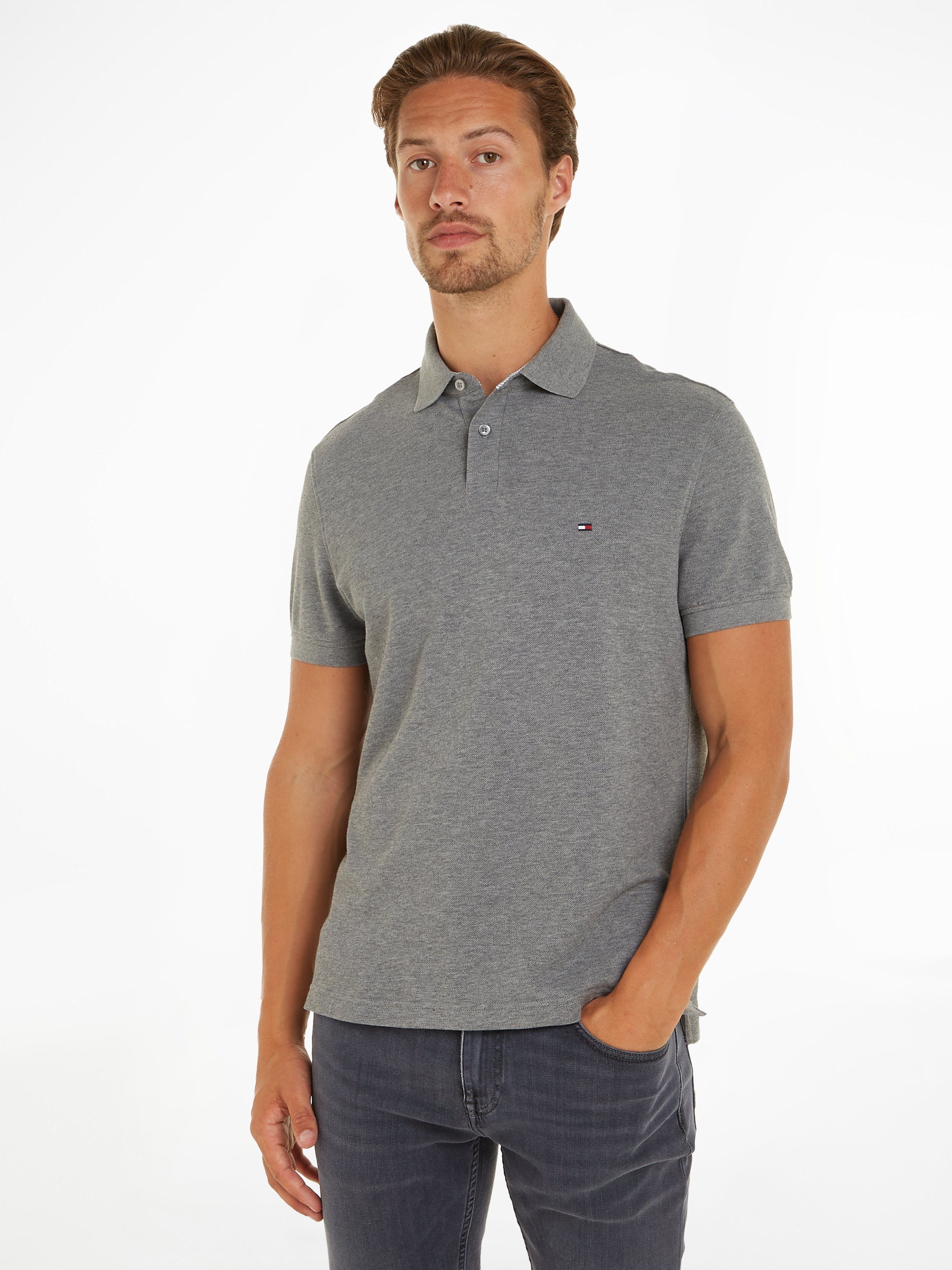 Tommy Hilfiger Poloshirt 1985 REGULAR POLO mit Tommy Hilfiger Kontraststreifen innen am Kragen hellgrau meliert | Sport-Poloshirts