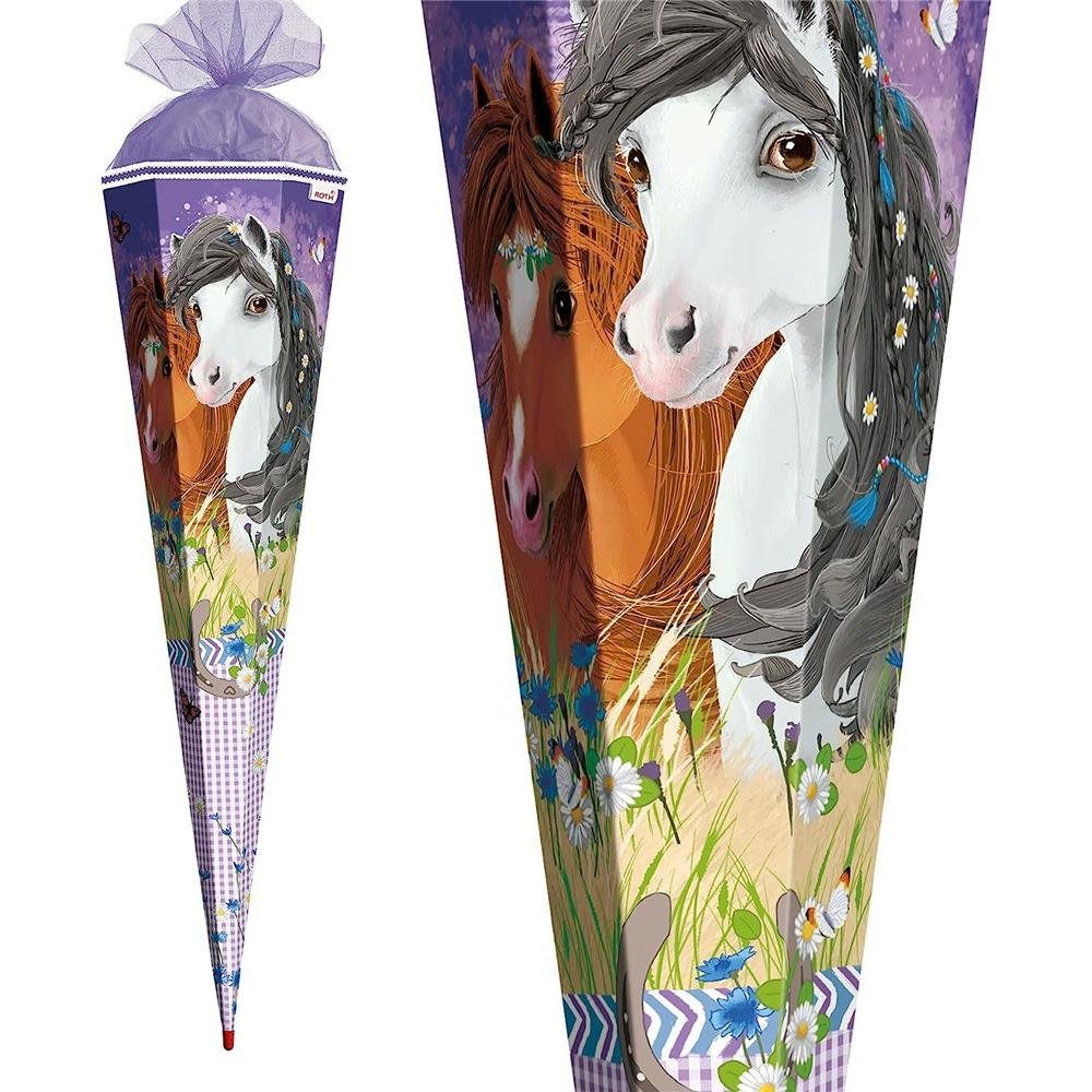 Roth Schultüte Blumenpferde, 85 cm, eckig, lilafarbiger Tüllverschluss, Zuckertüte für Schulanfang