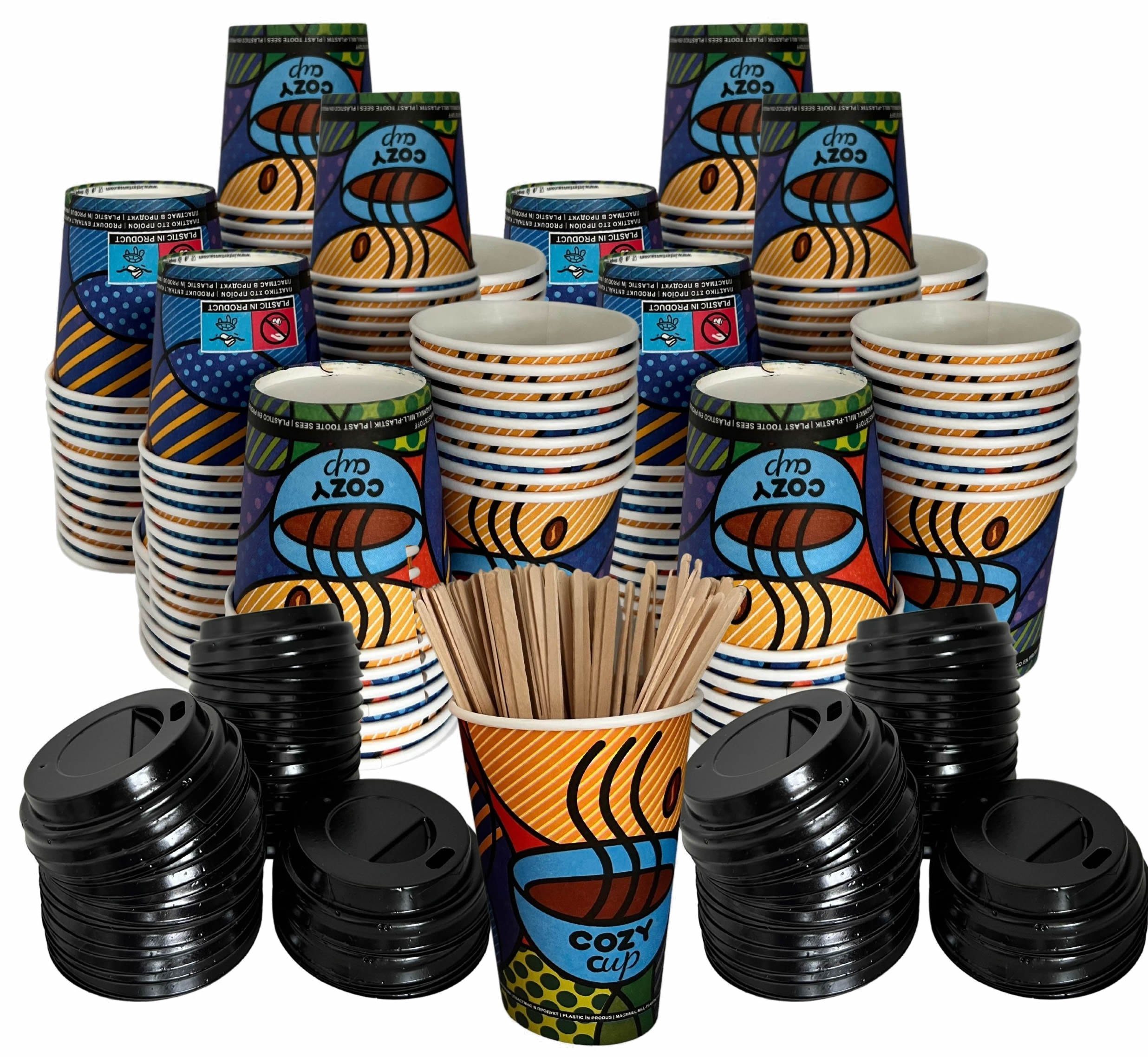 Intertan -1922- Coffee-to-go-Becher 200 Kaffeebecher mit Deckel und Rührstäbe To Go Pappe COZY CUPS 120ml, Pappe