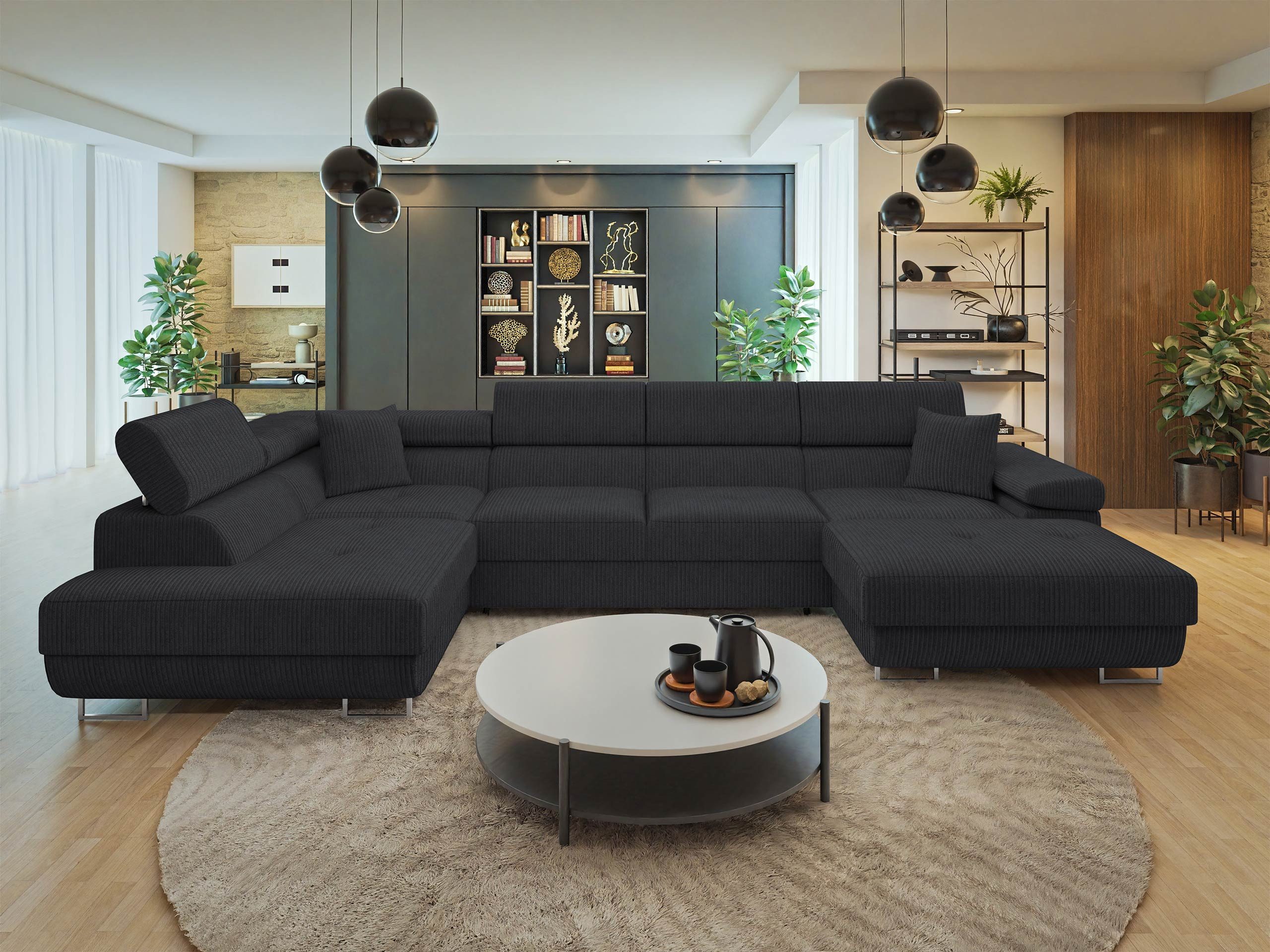 MIRJAN24 Wohnlandschaft Torezio Bis Cord, mit Bettkasten und Schlaffunktion, Einstellbare Kopfstützen, 346x203x70-90 cm, U-Form