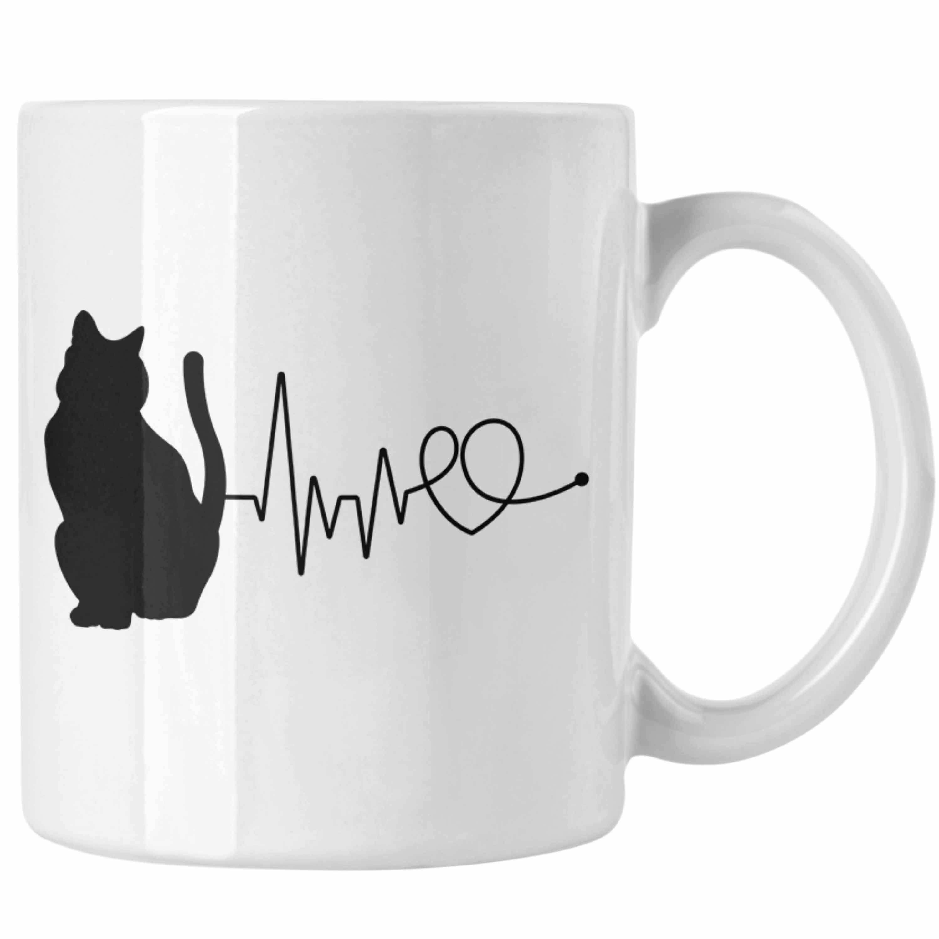 Trendation Tasse Katze Herzschlag Tasse Geschenk für Katzenbesitzerin Kaffee-Becher Weiss