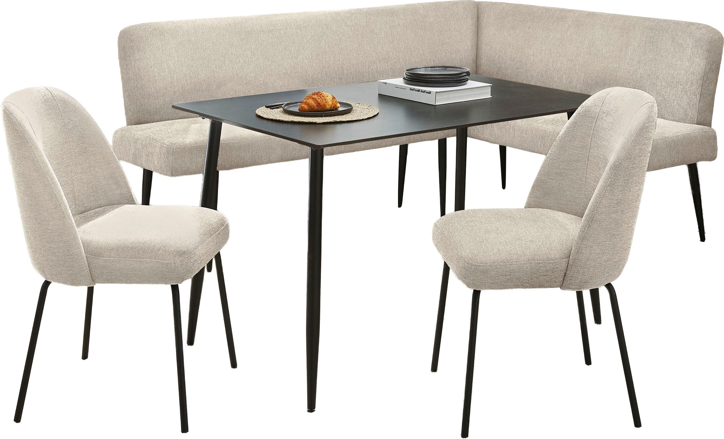OTTO home Eckbankgruppe Melvin (Set, 4-tlg. Tisch, Bank und 2 Stühle), Taschenfederkern, Tisch (120x75cm) schwarz, Bank und Stühle anthrazit oder beige