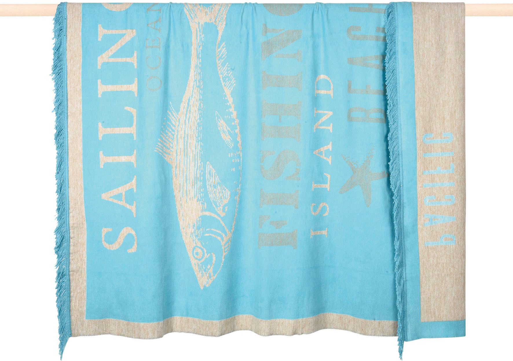 Wohndecke SEA, PAD, Made in Europe, mit Schriftzug, Motiv Fisch, mit Fransen, 150x200 cm