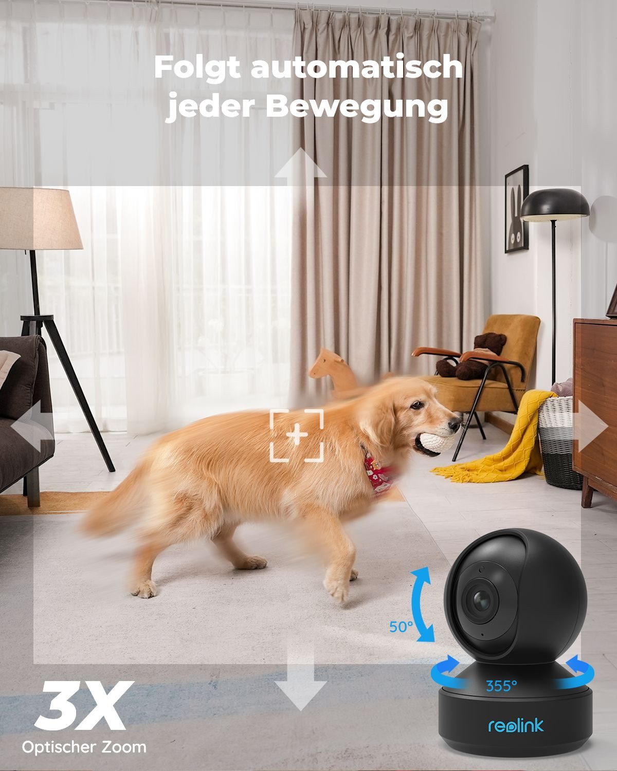 Reolink Überwachungskamera E1-Zoom 8MP 4K PTZ WLAN IP (Innenbereich, 3X Optischem Zoom, 2,4/5,0 GHz WiFi, Babyweinerkennung, 2-Wege-Audio)