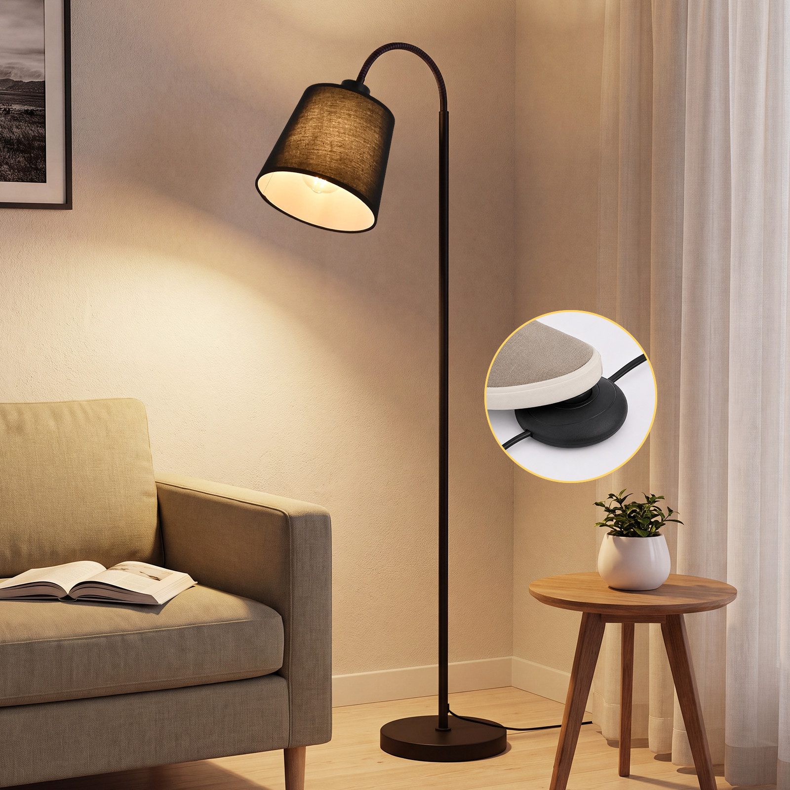 Nettlife Stehlampe Schwarz Beige Stoff stehleuchte drehbarem Lampenschirm Moderne E27, ohne Leuchtmittel, Fassung 360° drehbarem Lampenschirm für Wohnzimmer Schlafzimmer Flur