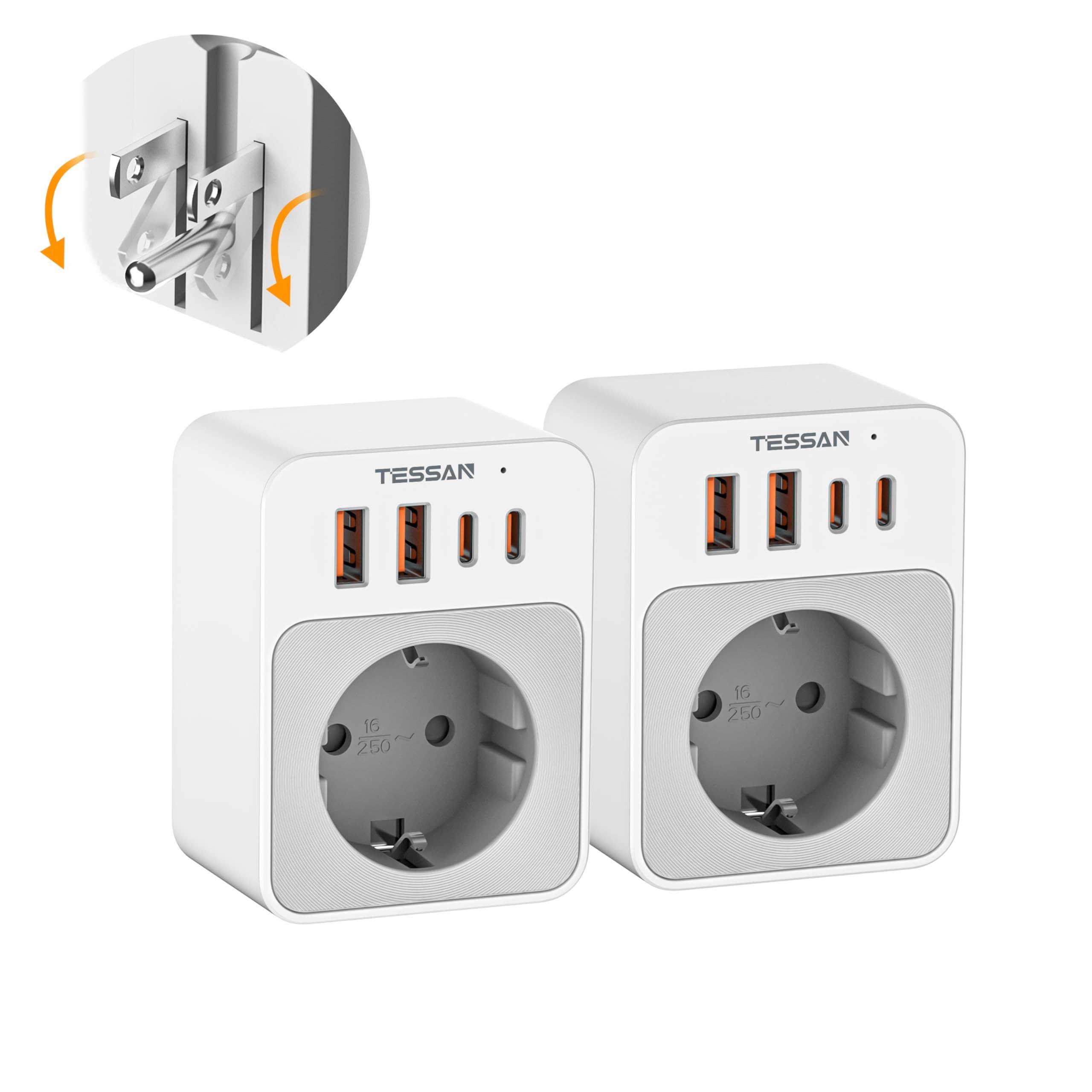 TESSAN 2 Stück klappbarer Reiseadapter für UK/US-Stecker in EU-Steckdosen Reiseadapter Typ B, Typ G zu USB Typ A, USB Typ C, 2 Stück Klappbarer Adapter, 5 in 1 Reiseadapter