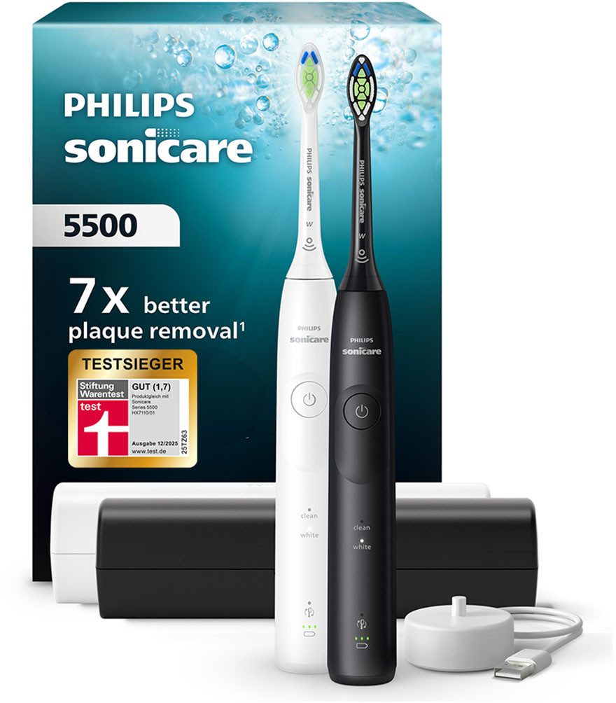 Philips Sonicare Elektrische Zahnbürste Series 5500 HX7119/02, Aufsteckbürsten: 2 St., mit Andruckkontrolle, 2 Putzeinstellungen, inkl. Reiseetui