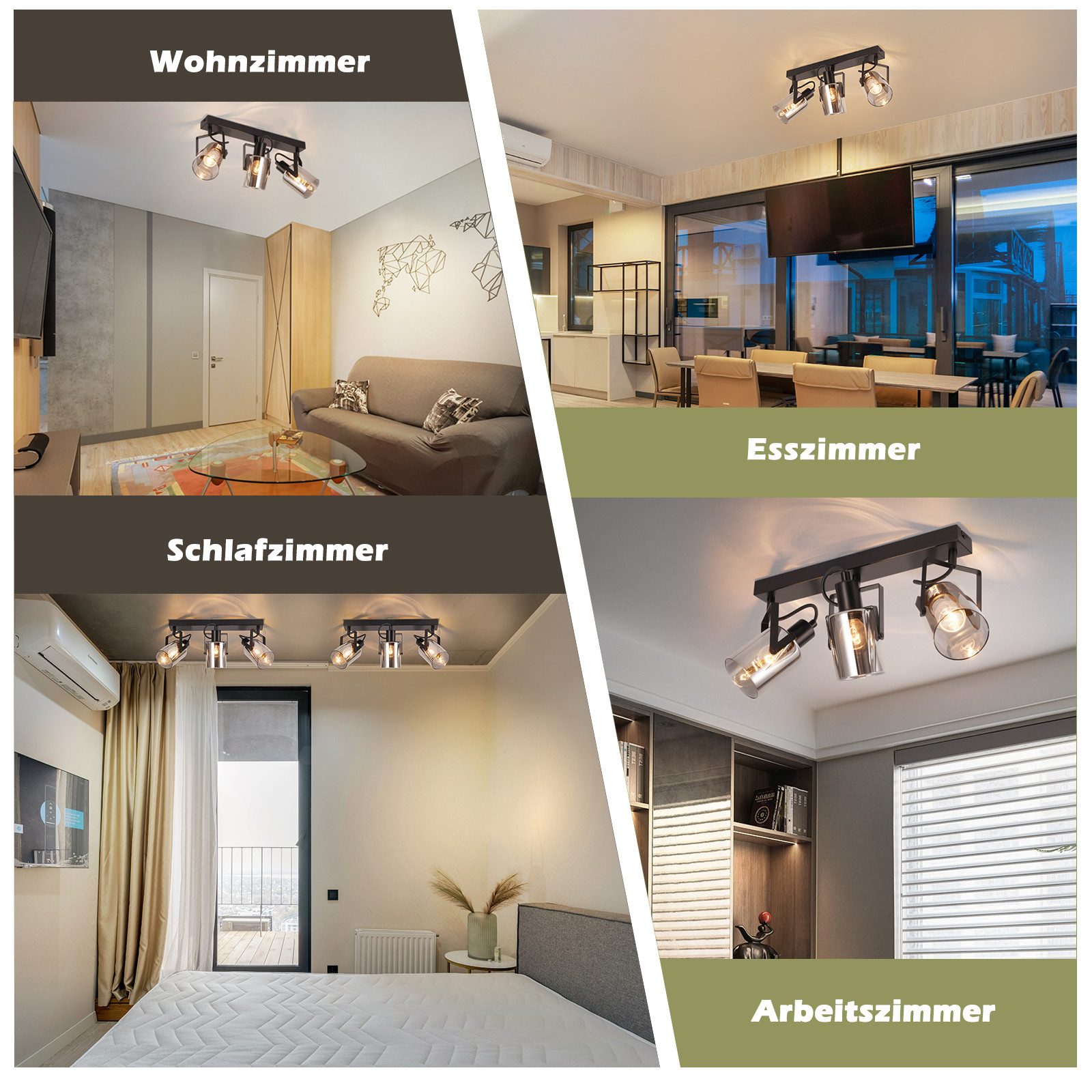 ZMH Deckenstrahler 2/3/4 Flammig Rauchgrau Glas E14 Deckenspot schwenkbar drehbar, ohne Leuchtmittel, Deckenleuchte für Wohnzimmer Schlafzimmer Flur Küche – Bild 5 von 5