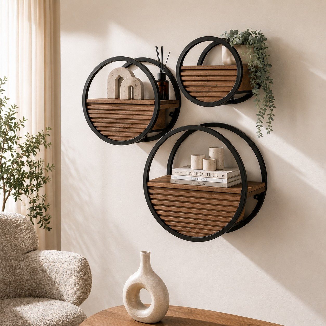 Maison ESTO Wandregal Wandregal CIRCANO rund Naturholz Metall Ø 30, 40 oder 50 cm, Mit praktischer Schublade und sicherer Wandmontage