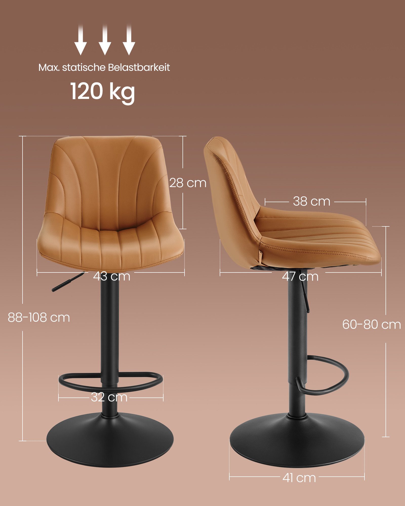 VASAGLE Barhocker Barstuhl, Küchenhocker, höhenverstellbar, um 360° drehbar (2 St., 2er Set), 46,5 x 43 x (88-108) cm (T x B x H), für Esszimmer, Küche
