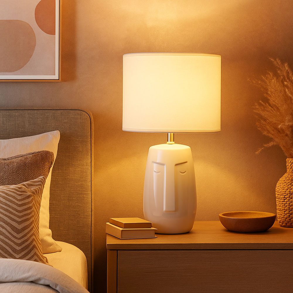 FISCHER & HONSEL LED Tischleuchte, Leuchtmittel inklusive, Warmweiß, LED Tischlampe Leseleuchte Keramik Stoff weiß E14 H 39 cm