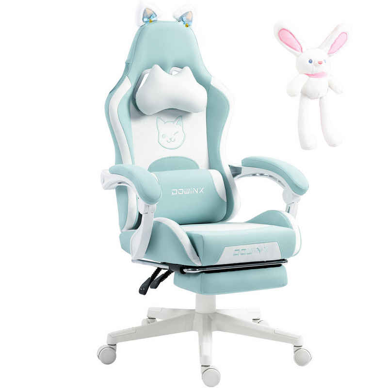 Dowinx Gaming-Stuhl Niedliche Katzenversion, PU-Leder, ergonomisches Design, mit hoher Rückenlehne und Lendenwirbelstütze und Fußstütze, Blau