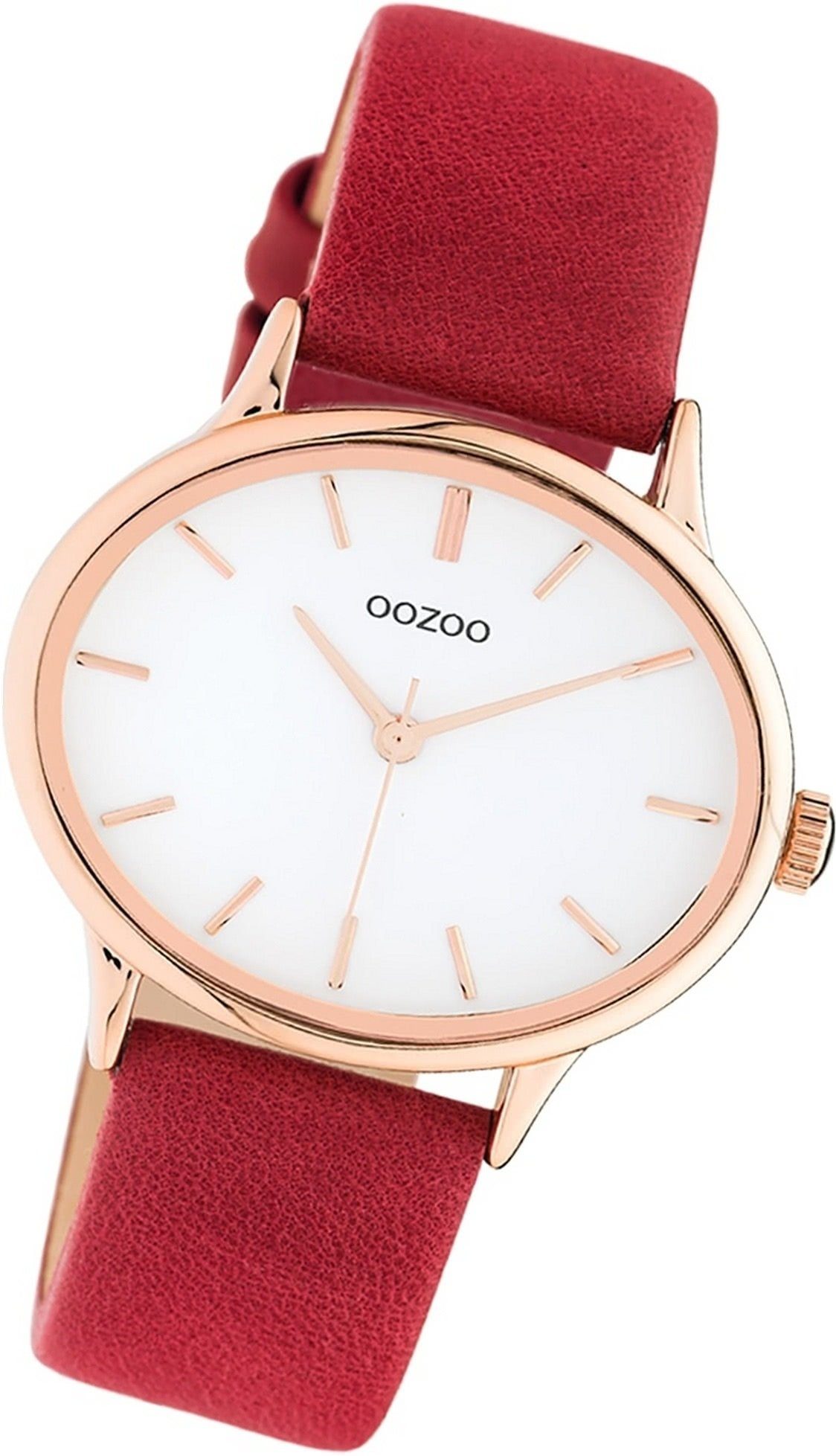 OOZOO Quarzuhr Oozoo Leder Damen Uhr C10942 Analog, Damenuhr Lederarmband rot, rundes Gehäuse, extra groß (ca. 38x31mm)