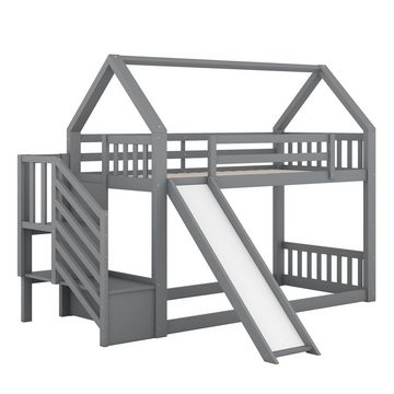 REDOM Bett Etagenbett Hausbett, Kinderbett mit Geländer (mit Stauraumtreppe und Rutsche, 90x200cm), Ohne Matratze