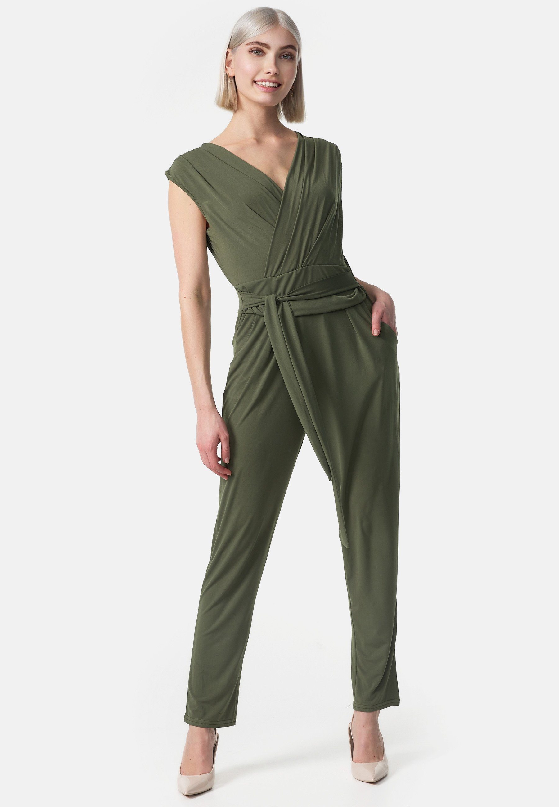 PM SELECTED Overall PM-36 (Business Jumpsuit Wickeloptik mit Bindegürtel ohne Ärmel Einheitsgröße) Olive