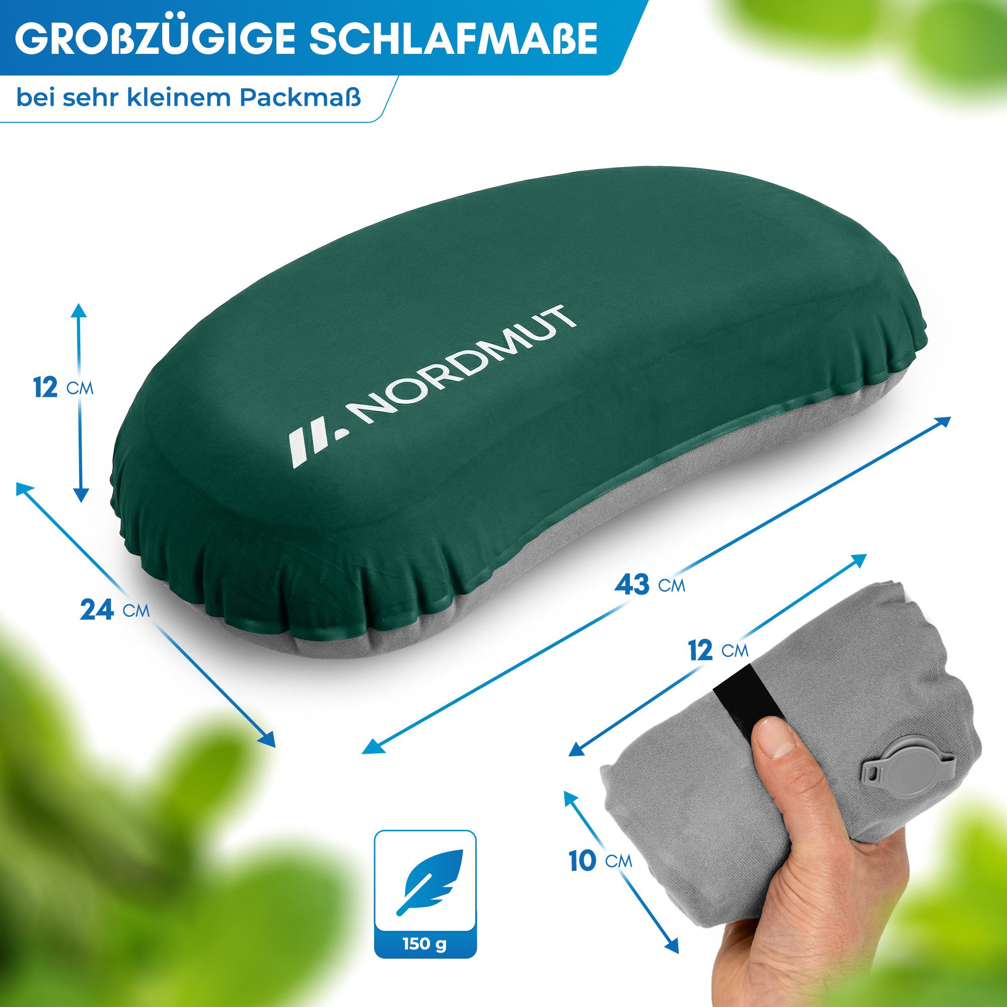 Nordmut Reisekissen aufblasbar & ergonomisch für Camping & Outdoor, kompakt & ultraleicht, Spar-Set, 1-tlg., Nordmut Rago + Kompressionsbeutel, Trekking, Schlafkissen für Nacht, waschbarer Bezug, Kompressionsbeutel