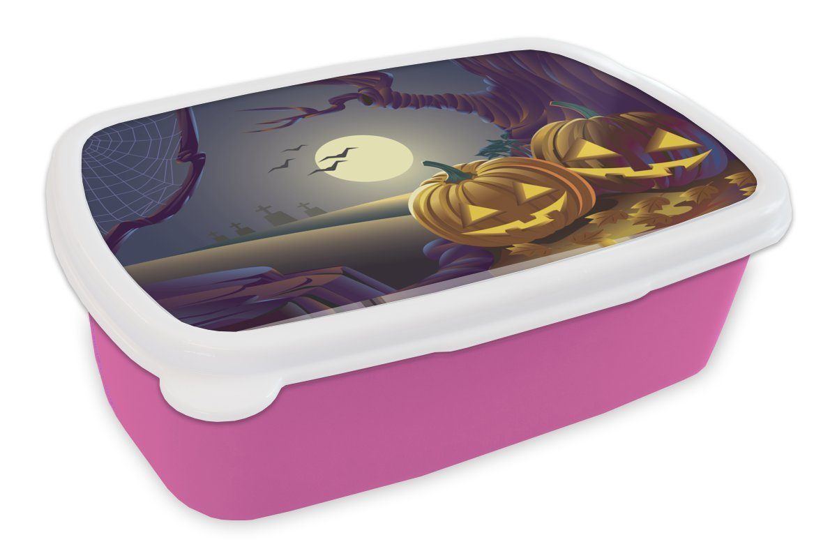 Illustration, Brotdose Lunchbox in Kürbisse Zwei (2-tlg), rosa einer MuchoWow Kunststoff Mädchen, Snackbox, Brotbox Kinder, Halloween-Nacht in Erwachsene, Kunststoff, für einer