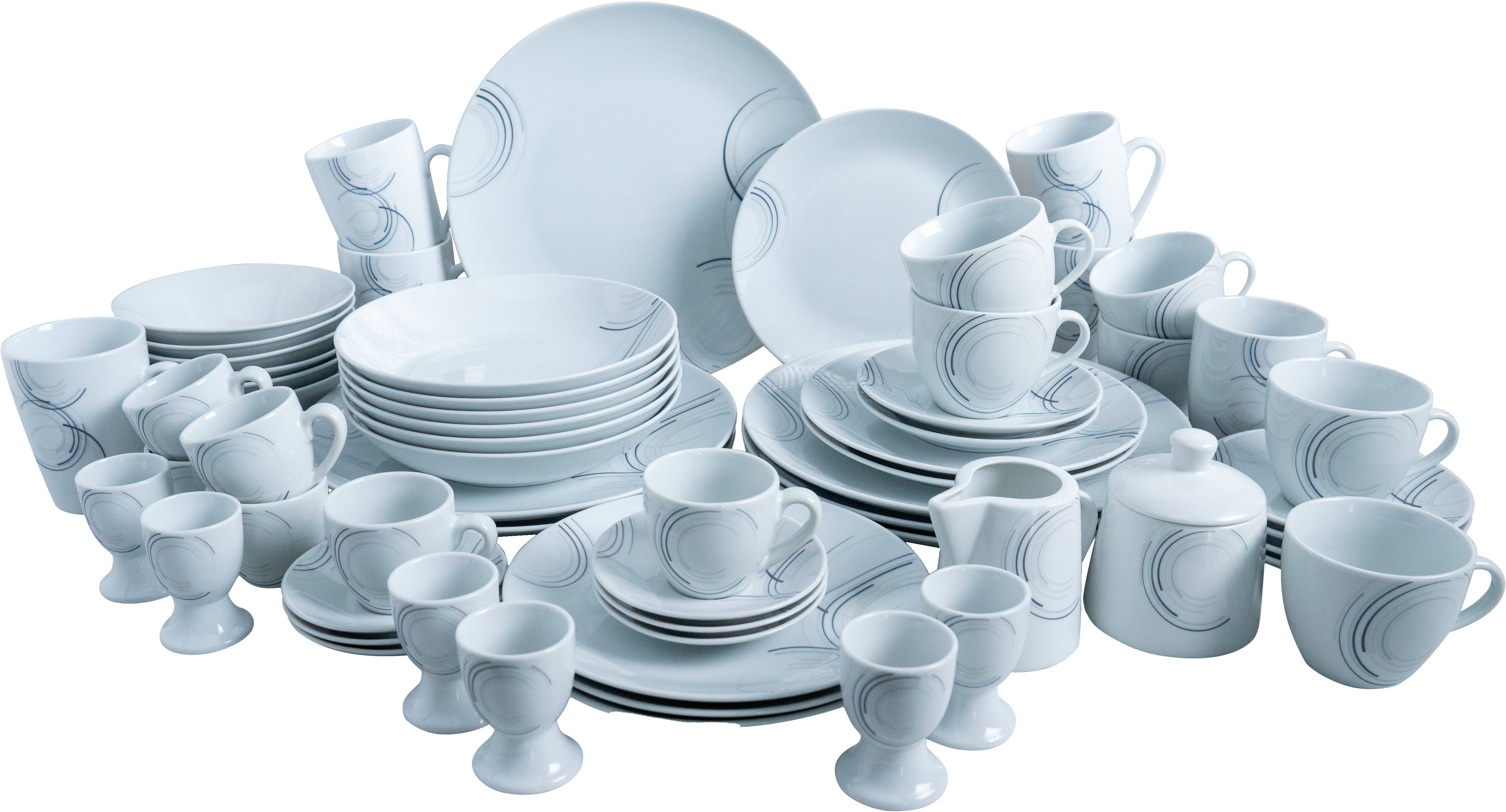 van Well Комбинированное обслуживание Geschirr-Set Lora, 62-teilig (62-tlg), 6 Personen, Porzellan, rund, weiß mit Dekor in blau, spülmaschinen- und mikrowellengeeignet