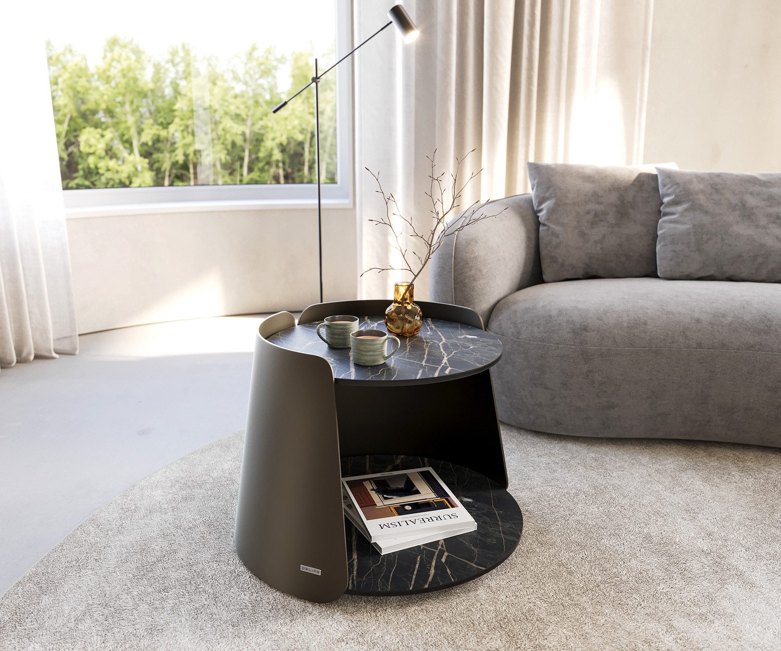 DELIFE Couchtisch Daban, Keramik Laminam®Noir Desir Braun 59x59 cm Gestell Metall Titanfarbig