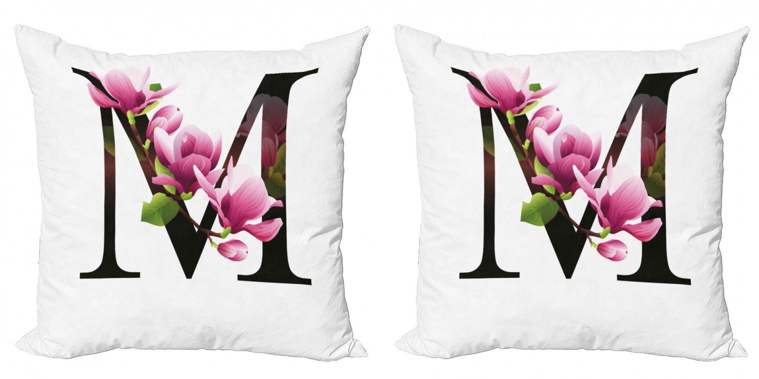 mit M Digitaldruck, Modern (2 Magnolia Doppelseitiger Buchstabe M Stück), Kissenbezüge Accent Blumen Abakuhaus