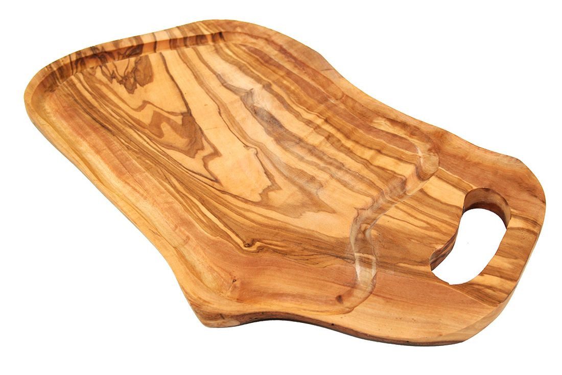 Olivenholz-erleben Servierbrett mit Grifflasche aus hochwertigem naturbelassenem Olivenholz, Massivholz, (1-St), Brett zum Wenden, Seite mit Saftrille, glatte Seite, mit Grifflasche