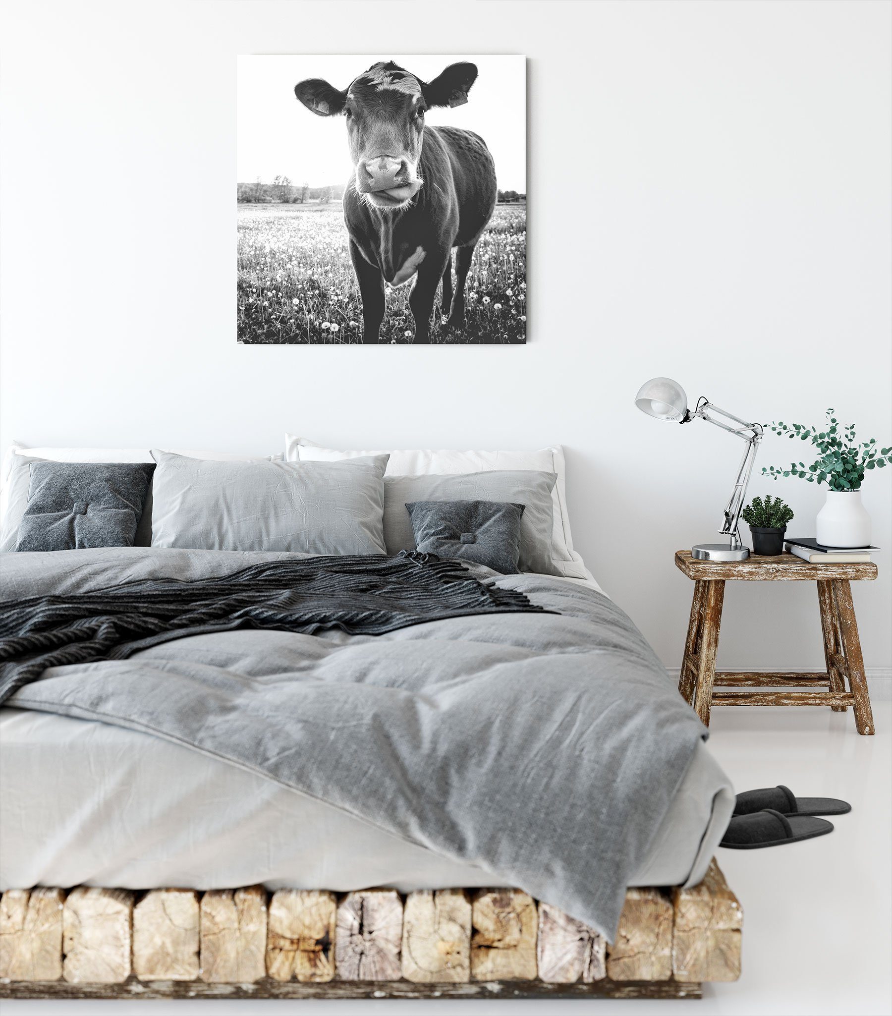 Zackenaufhänger fertig Pixxprint auf Butterblumenwiese, inkl. Leinwandbild Leinwandbild bespannt, Kuh St), auf (1 Kuh Butterblumenwiese
