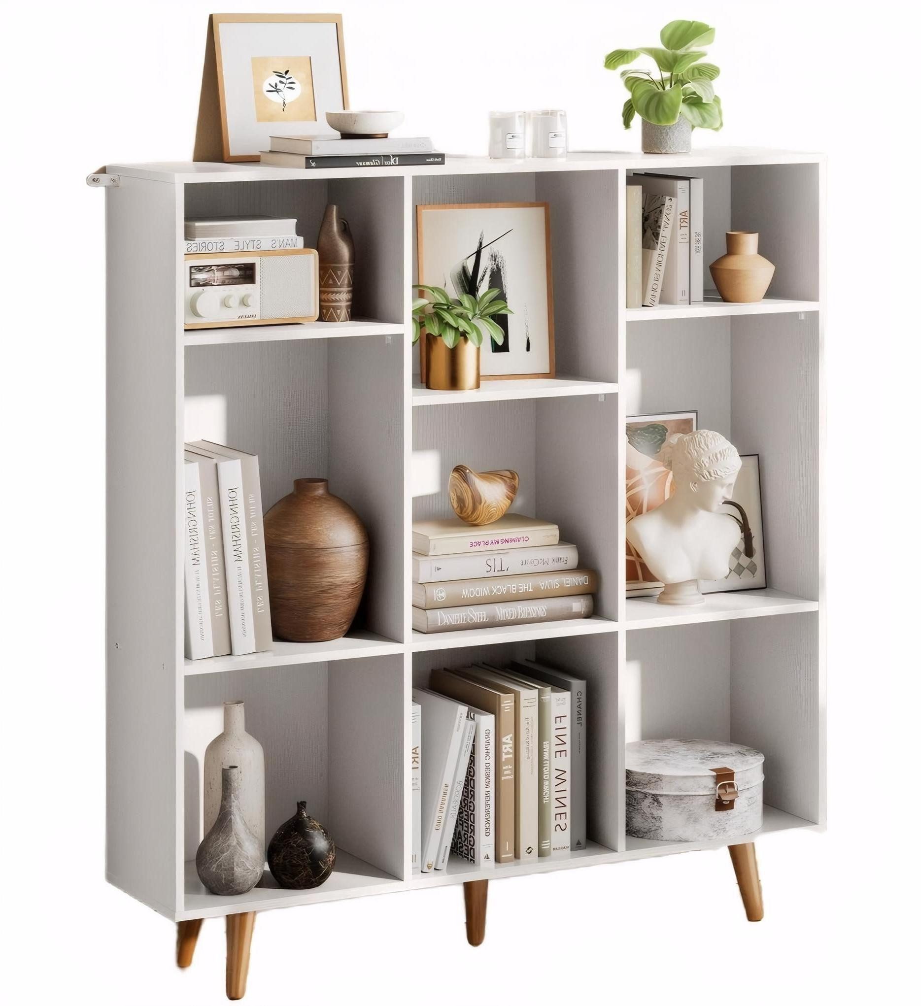 Totnz Bücherregal flexibles Bücherregal – 9 Fächer, höhenverstellbar, für jedes Zimmer, Wandbefestigung mit Metallwinkeln, für vielseitige Nutzung, Weiss