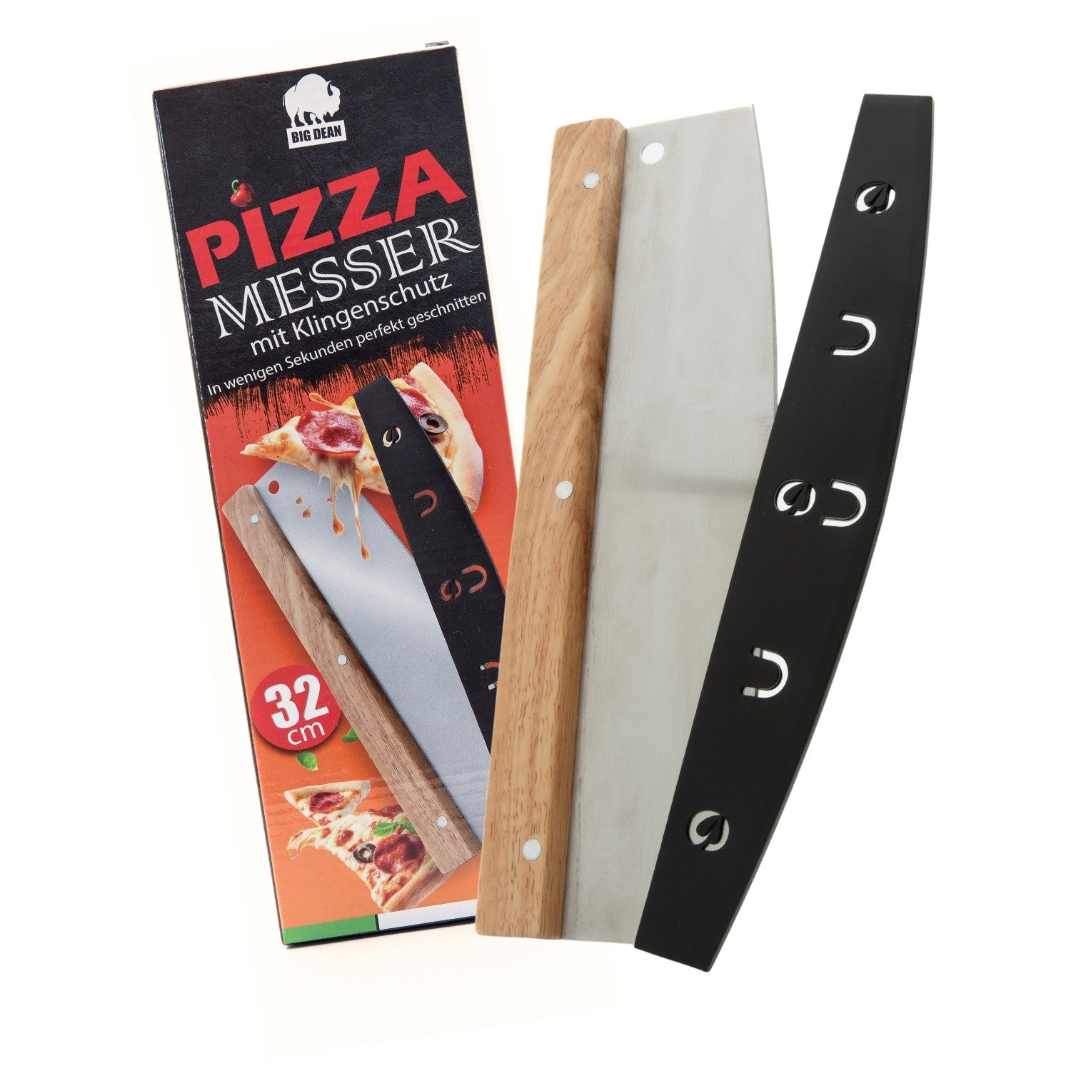 BigDean Pizzaschneider Pizzamesser mit Klingenschutz 32cm Edelstahlklinge - Pizza Wiegemesser, Wellenschliff, Ohne Drücken, Ohne Quetschen