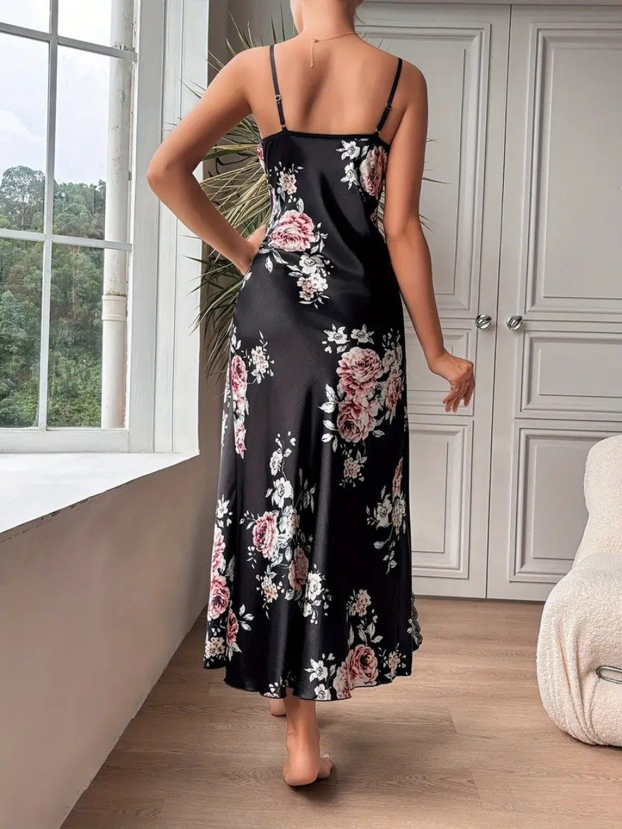 Elegant Love Maxikleid Sexy Satin-Schlafanzug – Langes Negligé Spitzenbesatz