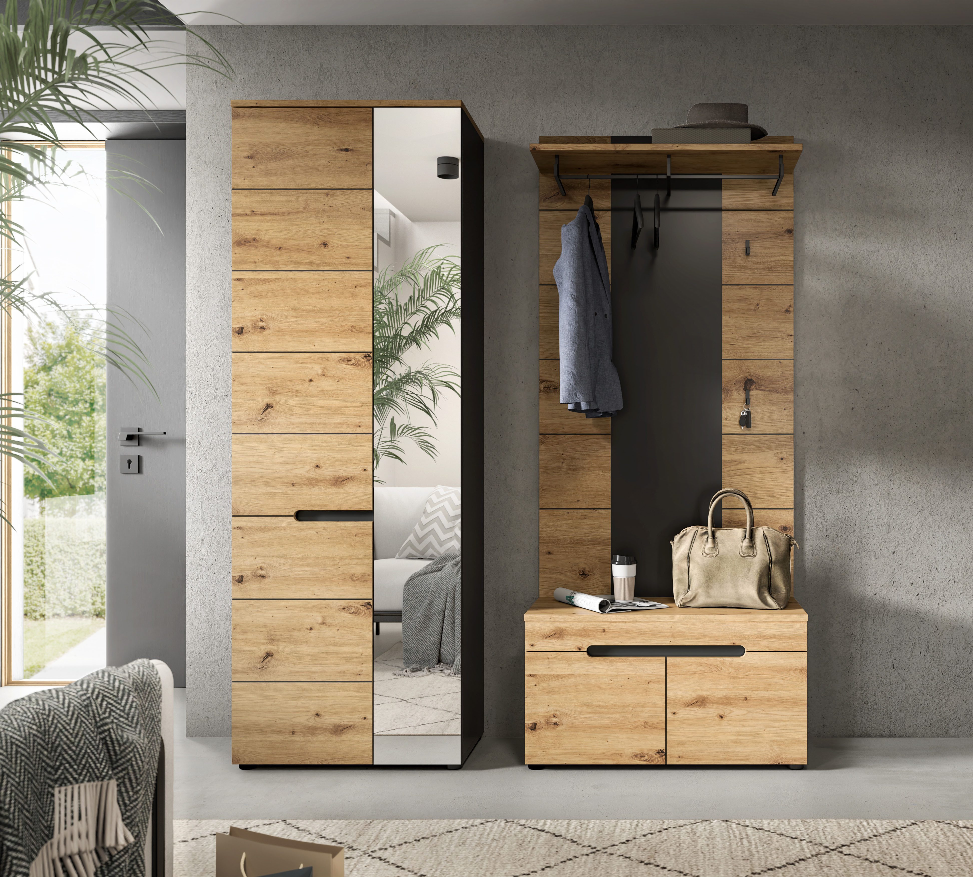 Home affaire Garderoben-Set REHAT, TOPSELLER!, 3-teilig, Breite 160 cm, individuell erweiterbar, (Set, 3-St., bestehend aus: Garderobenschrank, Sitzbank und Paneel), Garderobenkombination, Kombination, Set, Flurgarderobe, Diele