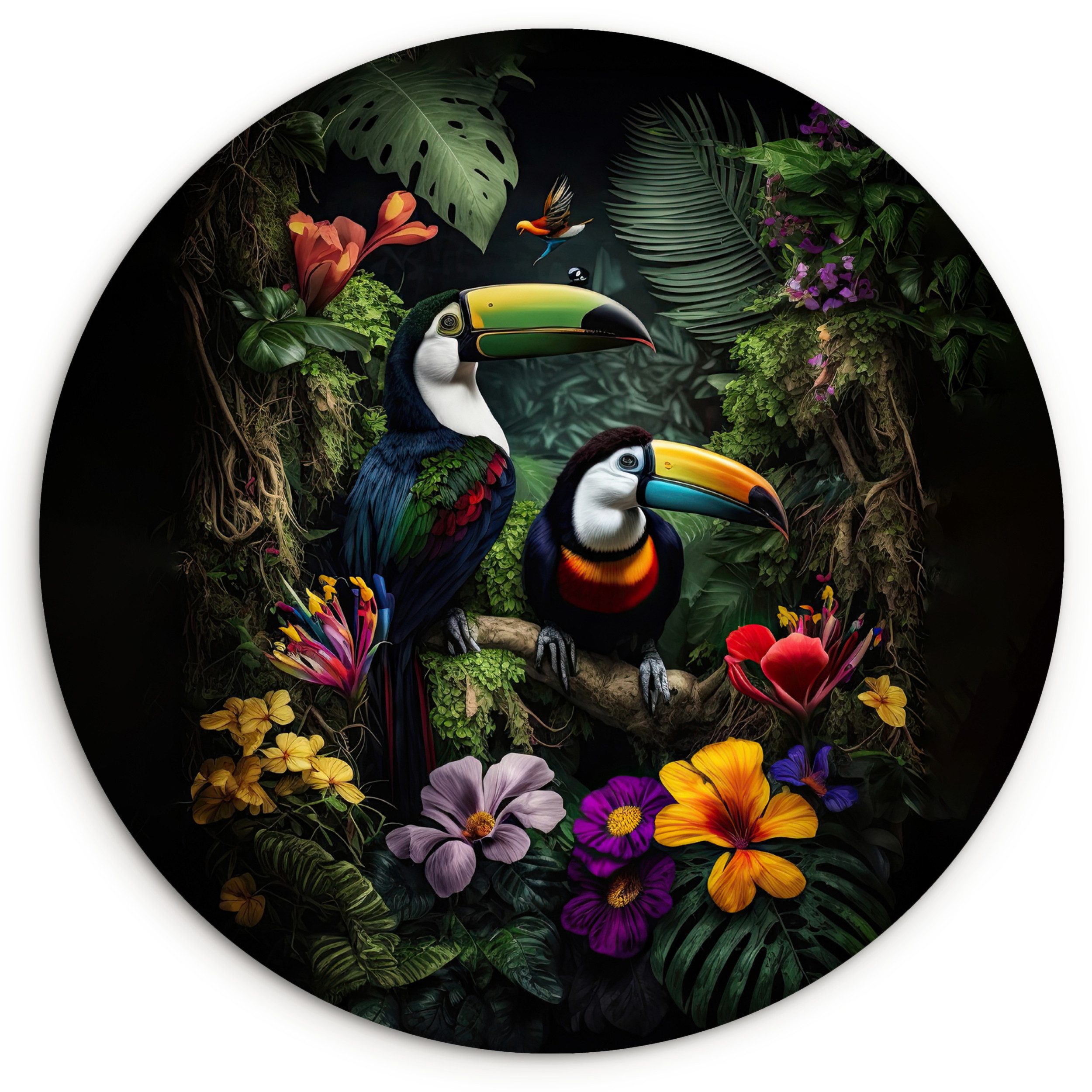MuchoWow Gemälde Tukan - Blumen - Tropisch - Dschungel - Vogel, Fotodruck (1 St), Kreis Wanddekoration, Rundes Wandbild, 30x30 cm