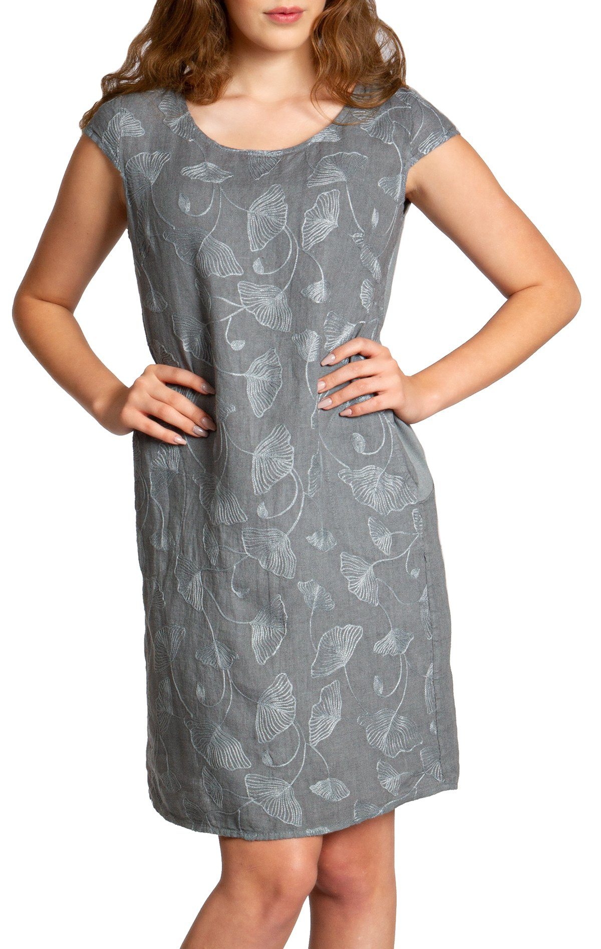 Sommerkleid SKL031 knielanges Damen Sommer Leinenkleid mit Ginko Blatt Stickmuster