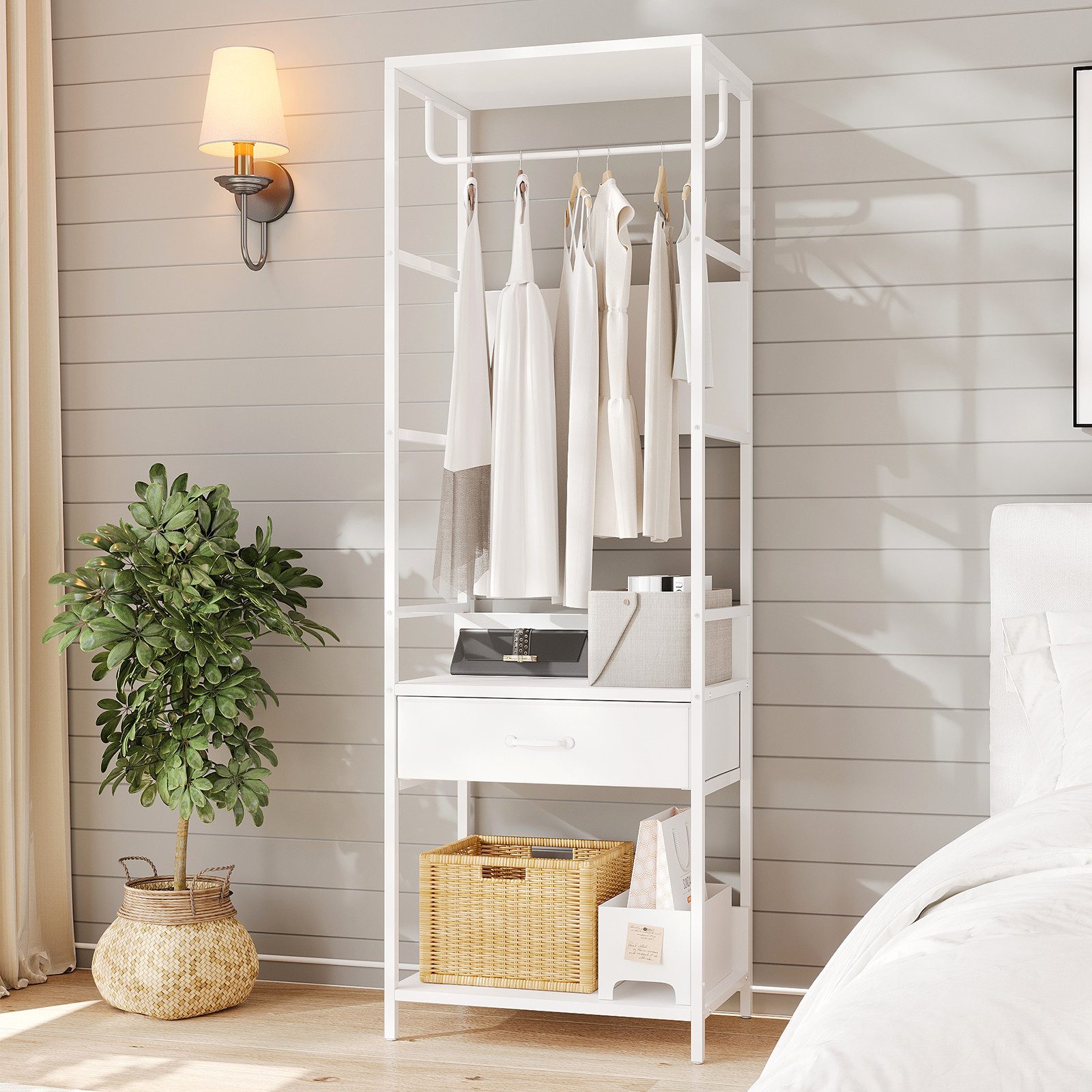 VOWNER Garderobenständer mit Sitzbank, Schublade & Kleiderstange, schmaler Flurgarderobe, (1 St), moderner Kleiderständer mit 1 Schublade & stabiles Schuhregal