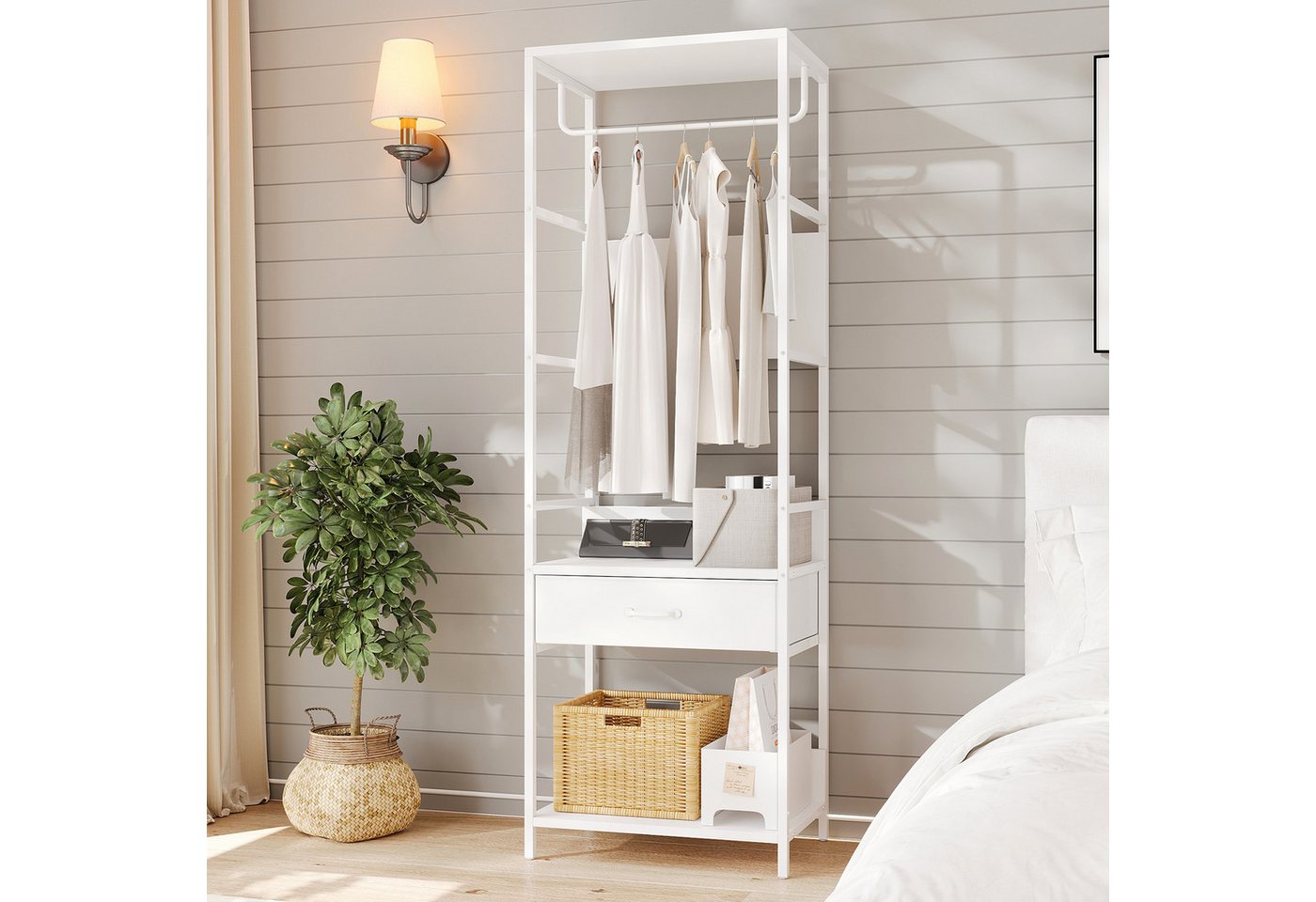 VOWNER Garderobenständer mit Sitzbank, Schublade & Kleiderstange, schmaler Flurgarderobe, (1 St), moderner Kleiderständer mit 1 Schublade & stabiles Schuhregal